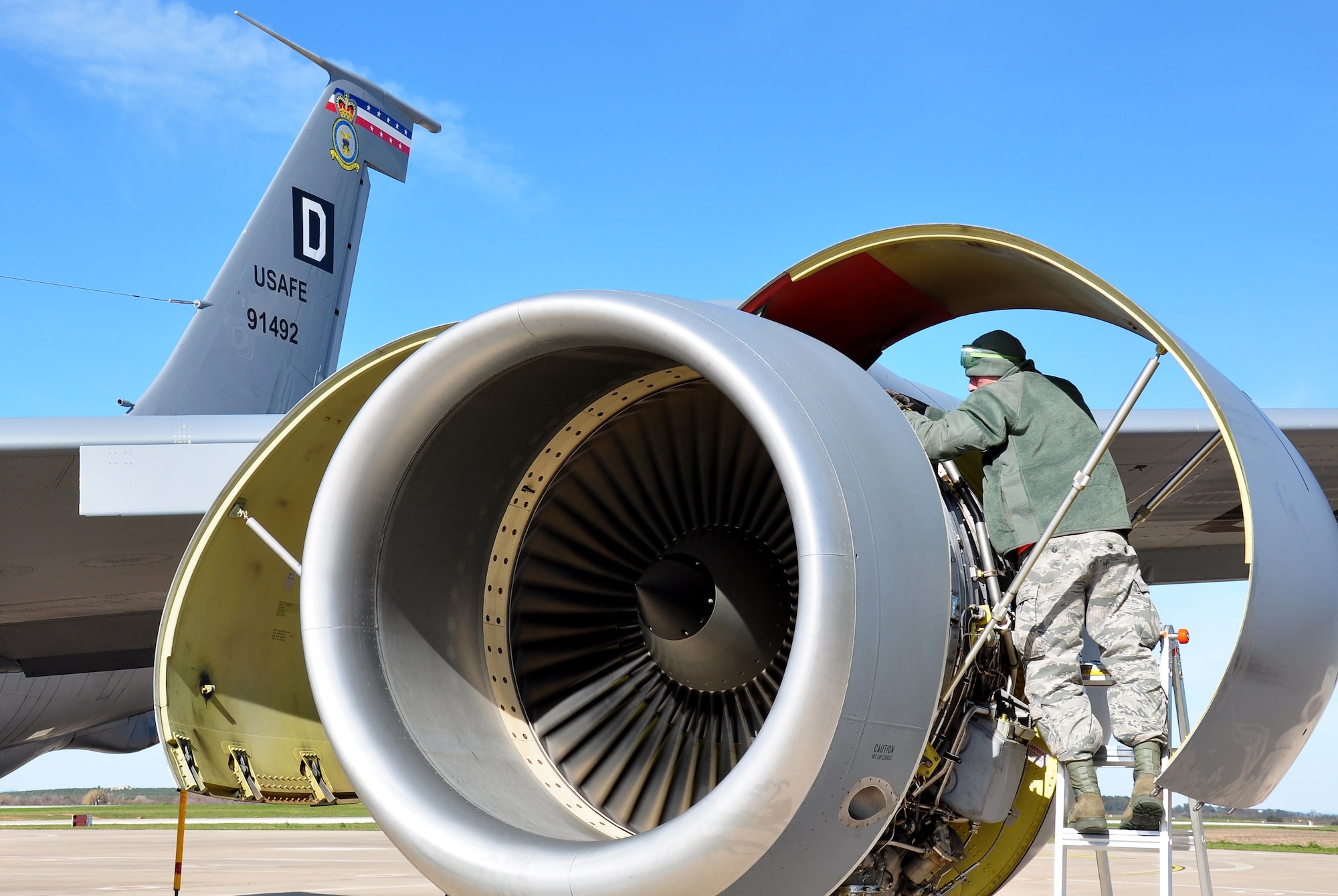 Senior Airman Daniel Perian, 351st Expeditionary Air Refueling Squadron maintainer and Etowah, Tenn., native, works on an engine of a KC-135 Stratotanker Feb. 3, 2013. Members of the 351st EARS, from the 100th Air Refueling Wing, RAF Mildenhall, England, are deployed to a forward operating location in southwest Europe. The group deployed on Jan. 26 and began conducting aerial refueling missions on Jan. 27 to support French operations in Mali. (U.S. Air Force photo by Capt. Jason Smith/Released)