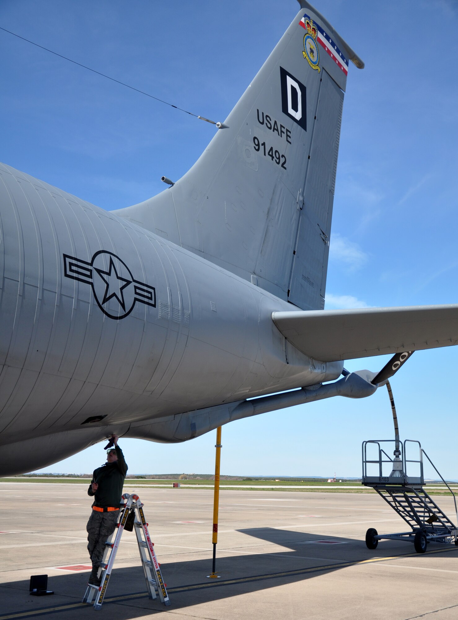 Airman 1st Class Christopher Kelley, 351st Expeditionary Air Refueling Squadron maintainer and Aiken, S.C., native, works on a KC-135 Stratotanker Feb. 3, 2013. Members of the 351st EARS, from the 100th Air Refueling Wing, RAF Mildenhall, England, are deployed to a forward operating location in southwest Europe. The group deployed on Jan. 26 and began conducting aerial refueling missions on Jan. 27 to support French operations in Mali. (U.S. Air Force photo by Capt. Jason Smith/Released)
