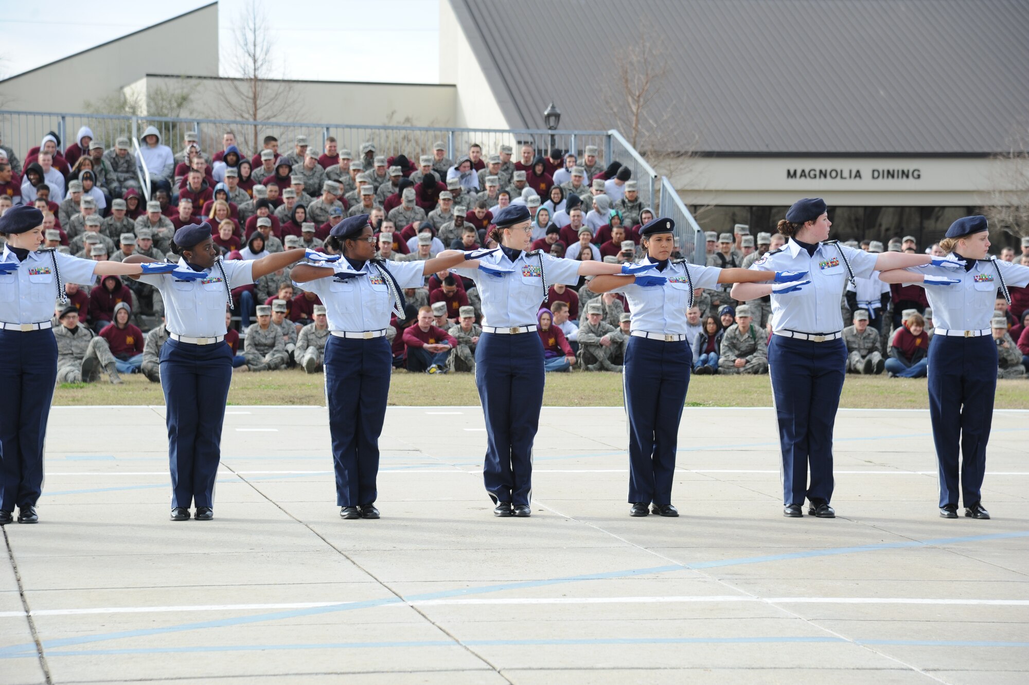 Biloxi High School Junior ROTC students perform two drill demonstrations during the 81st Training Group’s first drill down competition of the season Feb. 1, 2013, at the Levitow Training Support Facility, Keesler Ai r Force Base, Miss.  The event allowed both the Junior ROTC students and Keesler’s technical training students to showcase their talents and discipline outside the classroom.  (U.S. Air Force photo by Kemberly Groue)