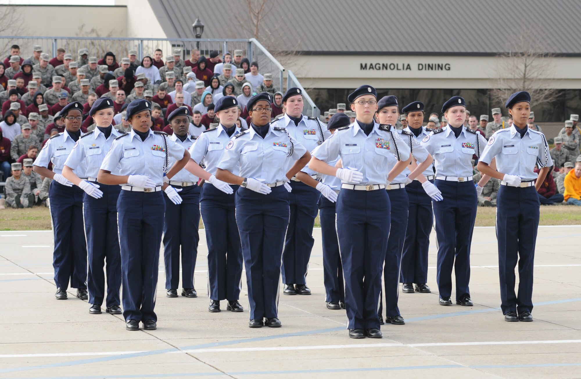 Biloxi High School Junior ROTC students perform two drill demonstrations during the 81st Training Group’s first drill down competition of the season Feb. 1, 2013, at the Levitow Training Support Facility, Keesler Ai r Force Base, Miss.  The event allowed both the Junior ROTC students and Keesler’s technical training students to showcase their talents and discipline outside the classroom.  (U.S. Air Force photo by Kemberly Groue)