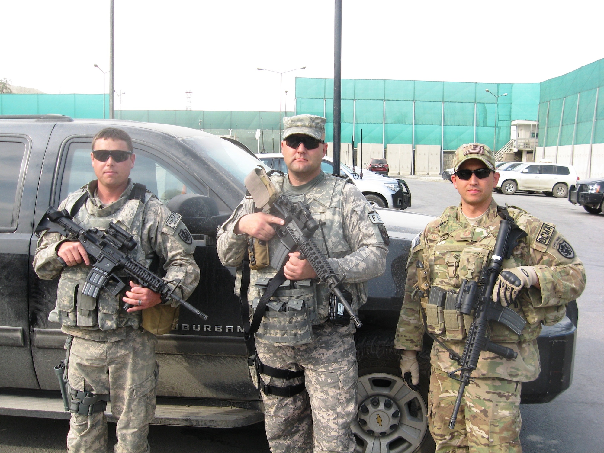 Master Sgt. Ryan Glosson, 366th Security Forces Squadron first sergeant (left), poses with a team before an outside-the-wire mission in Afghanistan, to perform a fire inspection at a forward operating base. Glosson has vast combat experience and has deployed to Honduras, Saudi Arabia, Southwest Asia twice, Pakistan, Curacao, Iraq and Afghanistan.  (Courtesy photo)