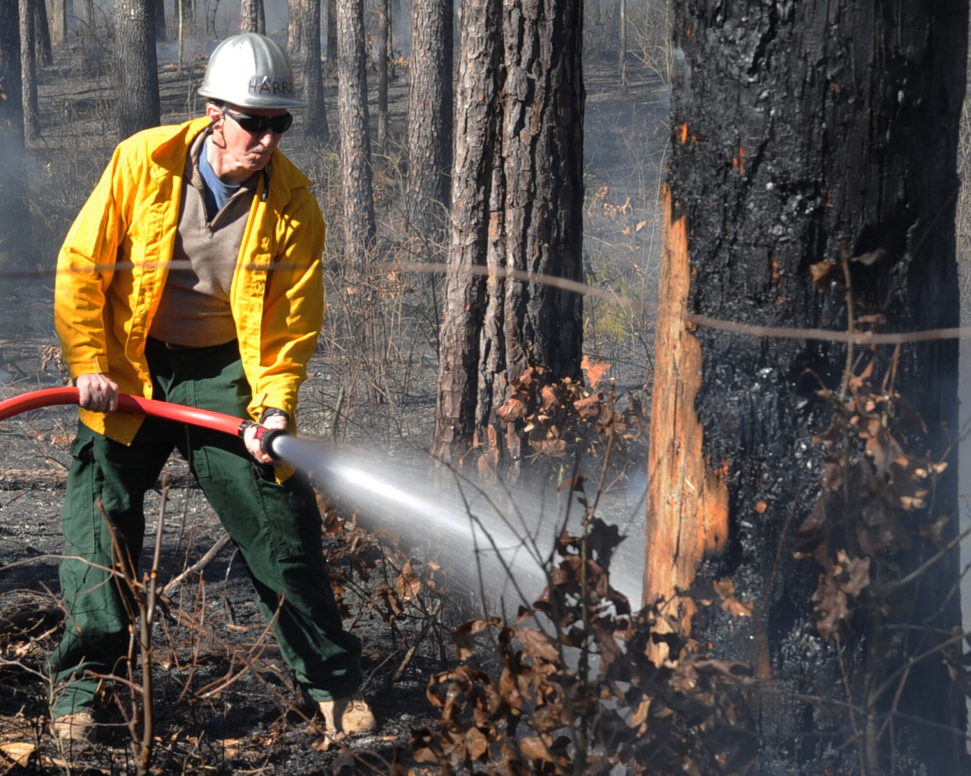 Keith Harris, 2nd Civil Engineer Squadron natural resources manager, puts out a fire during a prescribed burn on Barksdale Air Force Base, La., Jan. 31. The fire was put out to salvage the tree and prevent it from falling and creating a fire outside the burn area. (U.S. Air Force photo/Senior Airman Sean Martin)