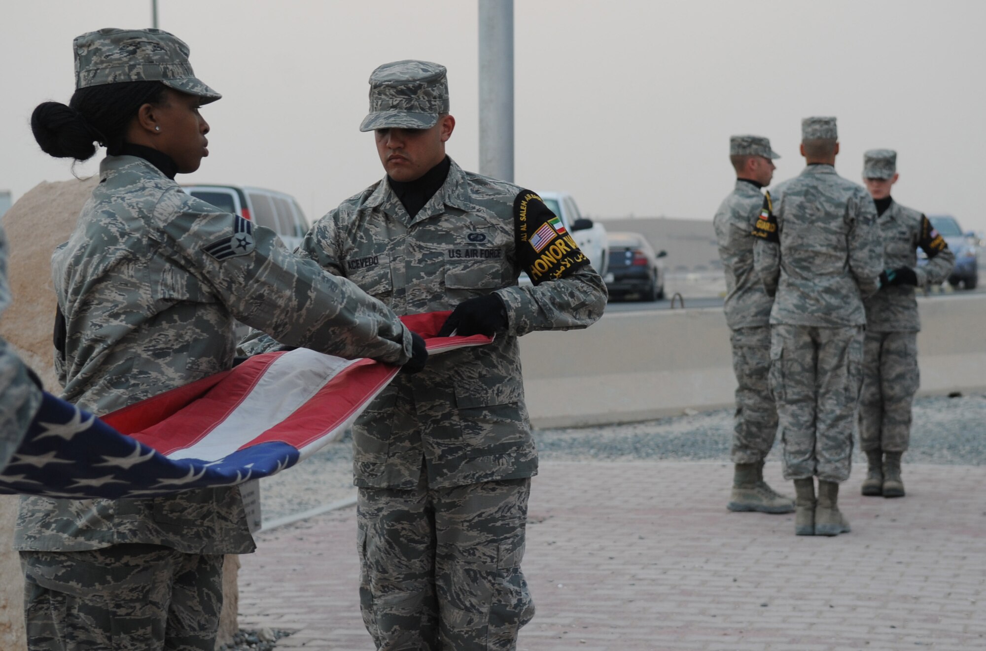 SOUTHWEST ASIA – Senior Airman Gaetano Acevedo, 509th Contracting Squadron, volunteers as a member of the base honor guard on his deployment in Southwest Asia. Acevedo is currently deployed for a six-month rotation to the 386th Expeditionary Civil Engineer Squadron force protection security escort flight. Acevedo’s role in force protection is Pass and ID liaison. He ensures all contractors have a reason to be on base. He also takes time out of his schedule to be a part of the honor guard team and the Rising IV, a deployed Airmen’s Council. (U.S. Air Force photo/Staff Sgt. Alexandra M. Boutte) (RELEASED)