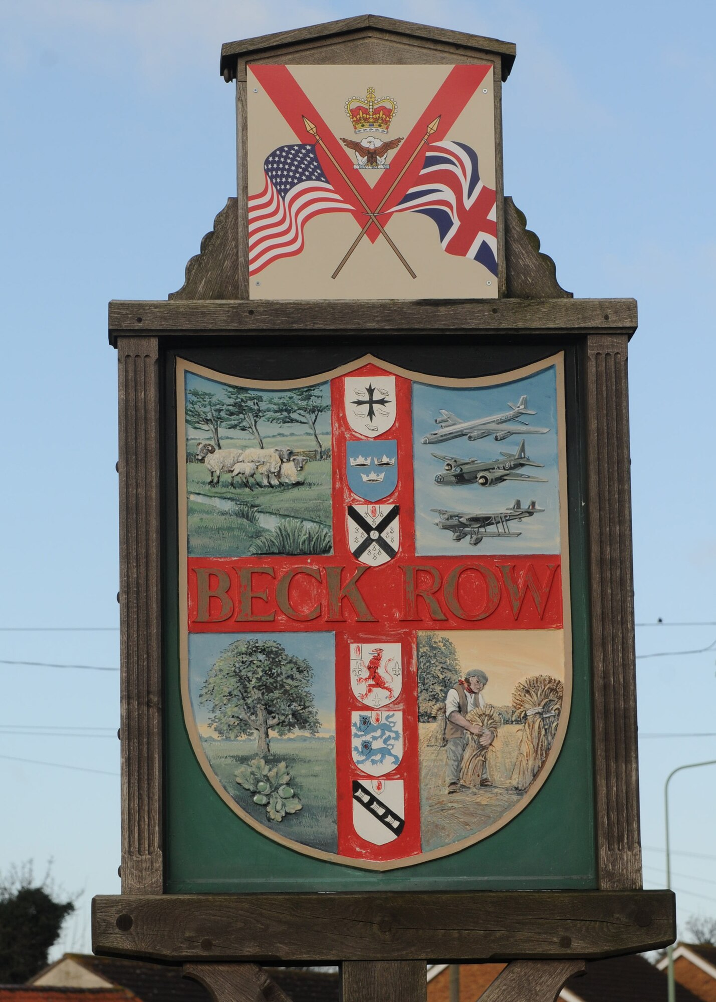 The new Beck Row village sign serves as a constant reminder of the enduring relationship between RAF Mildenhall and the East Anglia community.  The U.S. Air Forces and East Anglian relationship dates back to World War II. (U.S. Air Force photo by Master Sgt. Latisha Cole/Released)