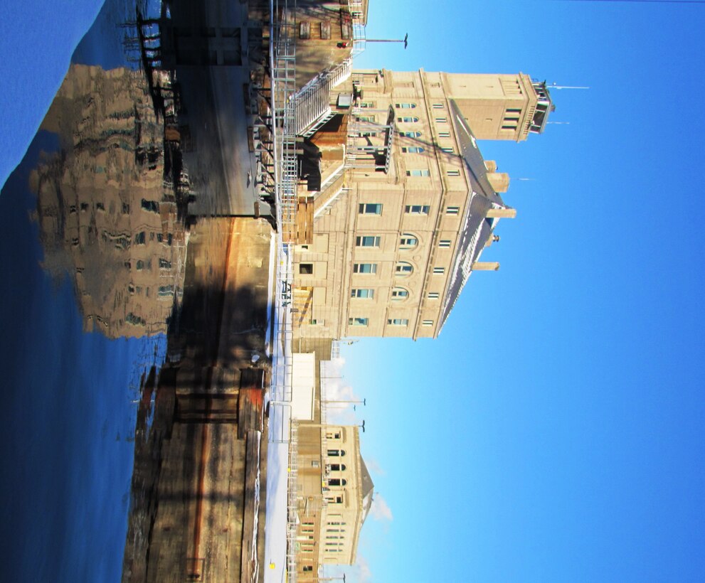 A modern view of the historic Administration and Davis buildings at the Soo Locks.  
