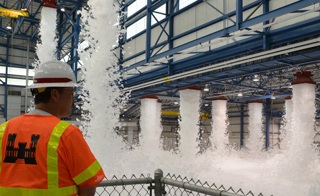 Dave Miller oversees a fire protection high expansion foam drop test at a March Air Reserve Base C-17 hangar in California.