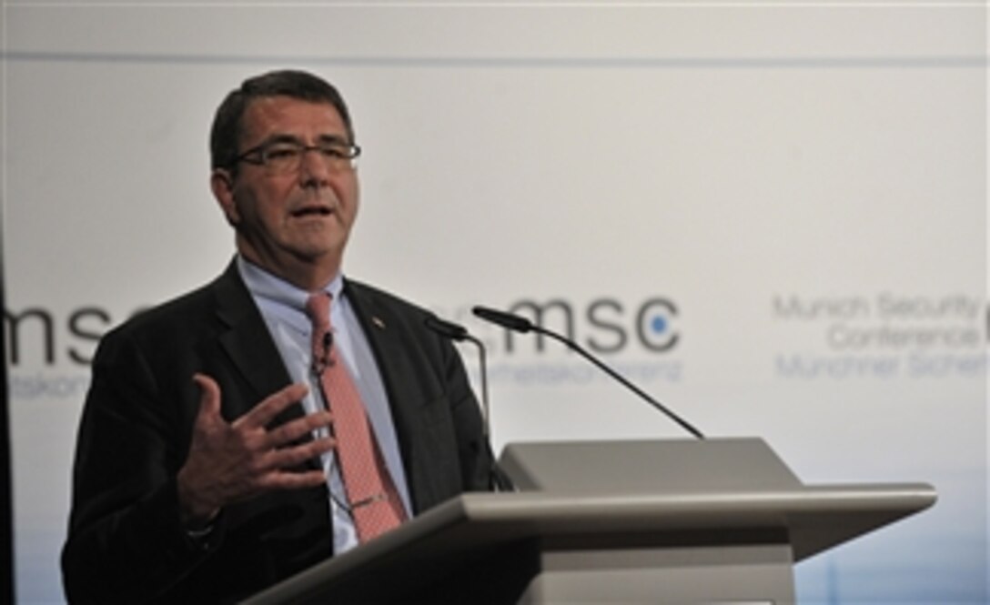 Deputy Secretary of Defense Ashton B. Carter delivers his remarks while participating in a panel discussion on Pooling and Sharing during the 49th Munich Security Conference in Munich, Germany, on Feb. 2, 2013.  The conference is an annual meeting of heads of state, foreign affairs leaders and defense policy leaders from around the world.  Munich is the second stop of Carter’s six-day trip to meet with officials in France, Germany and Jordan.  Carter also will visit with U.S. service members to thank them for their service.  