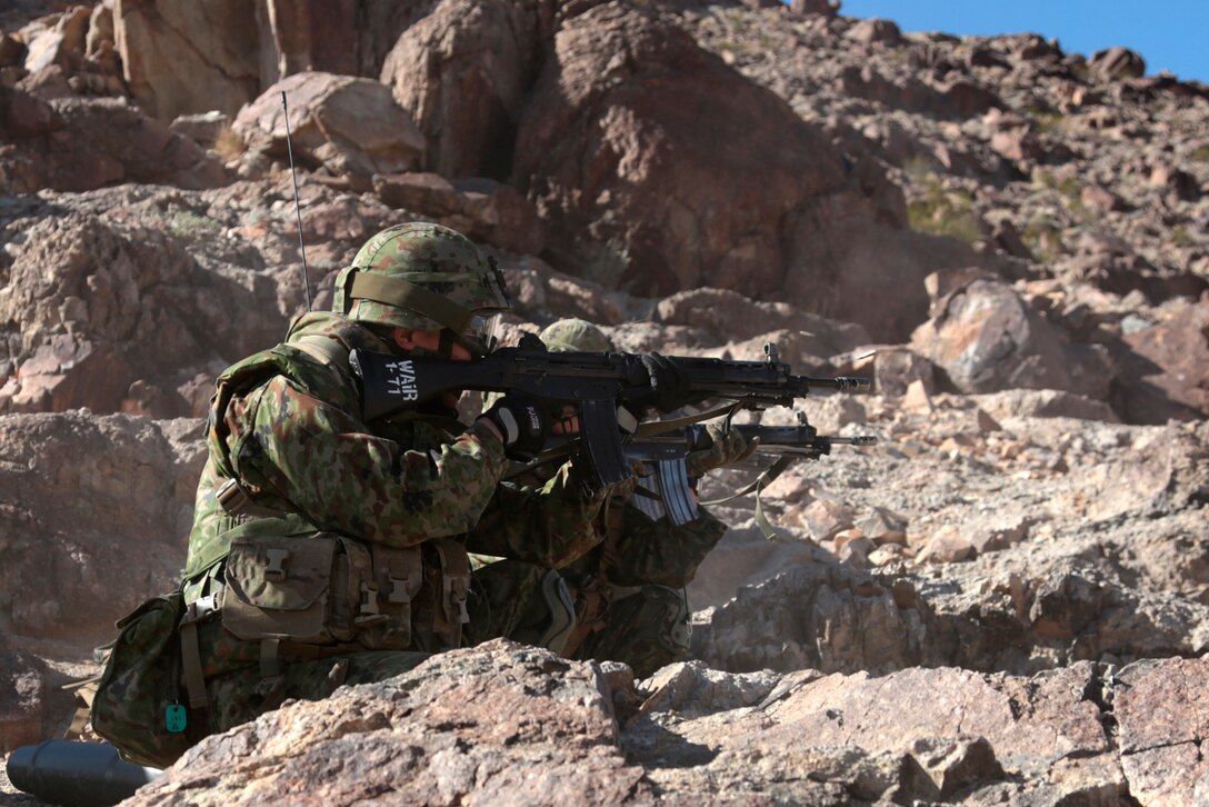 U.S. MARINE CORPS AIR GROUND COMBAT CENTER, TWENTYNINE PALMS, Calif.- Members of the Japan Ground Self Defense Group, provide supportive fire as part of movement-to-contact training, during Exercise Iron Fist 2013, aboard Marine Corps Air Ground Combat Center, Twentynine Palms, Calif. Jan. 31, 2013. During Iron Fist 2013, 13th Marine Expeditionary Unit and Japan Ground Self-Defense Force will spend three weeks participating in bilateral training to improve their interoperability, enhance military-to-military relations and sharpen skills essential to crisis response. (U.S. Marine Corps photo by Lance Cpl. Lonzo-Grei Thornton/ Released)