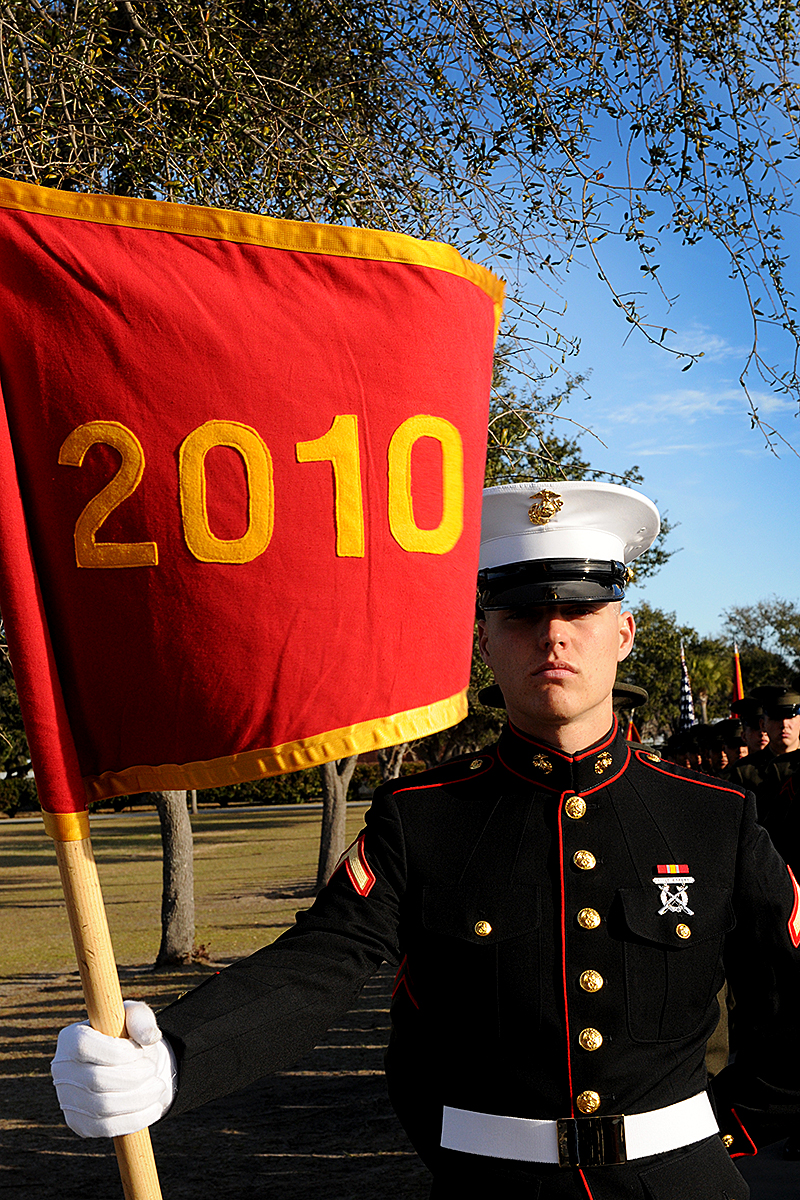 Private First Class David Orley, honor graduate of platoon 2010, recruited from and a native of Naples, Fla. stands at parade rest before graduation aboard Parris Island, S.C., Feb. 1, 2013. Upon graduation, Orley willbe able to go home an relax while on much deserved leave before going to Marine Combat Training and training to be an Miltary Police Office, his Military Occupation Specialty. (U.S. Marine Corps photo by Pfc. John-Paul Imbody)