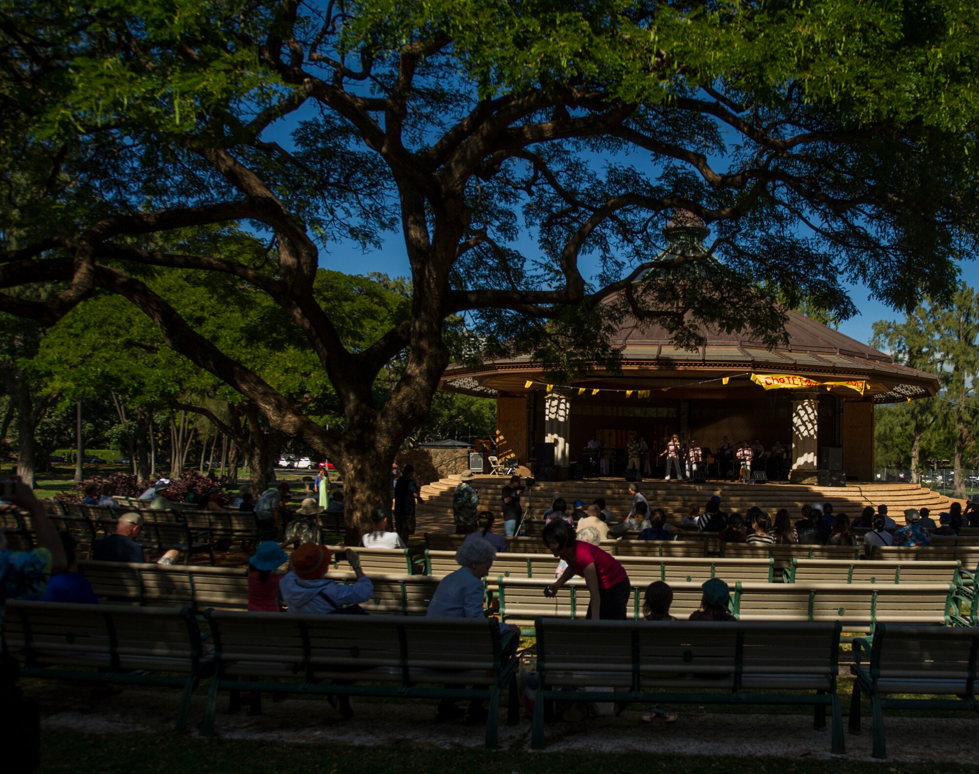The U.S. Air Force Band of the Pacific’s “Hana Hou” ensemble from Joint Base Pearl Harbor-Hickam, Hawaii, performs Feb. 3 on the bandstand at Kapiolani Park in Honolulu, Hawaii, during the Vietnamese New Year celebration. Known in Vietnamese by its shortened name, “T?t Nguyên Ðán,” the celebration marks the first day of the lunar new year and serves as an opportunity for Vietnamese Americans to worship ancestors, be with family, and forget the troubles of the past year while hoping for a better new year. (U.S. Air Force photo by Staff Sgt. Nathan Allen)