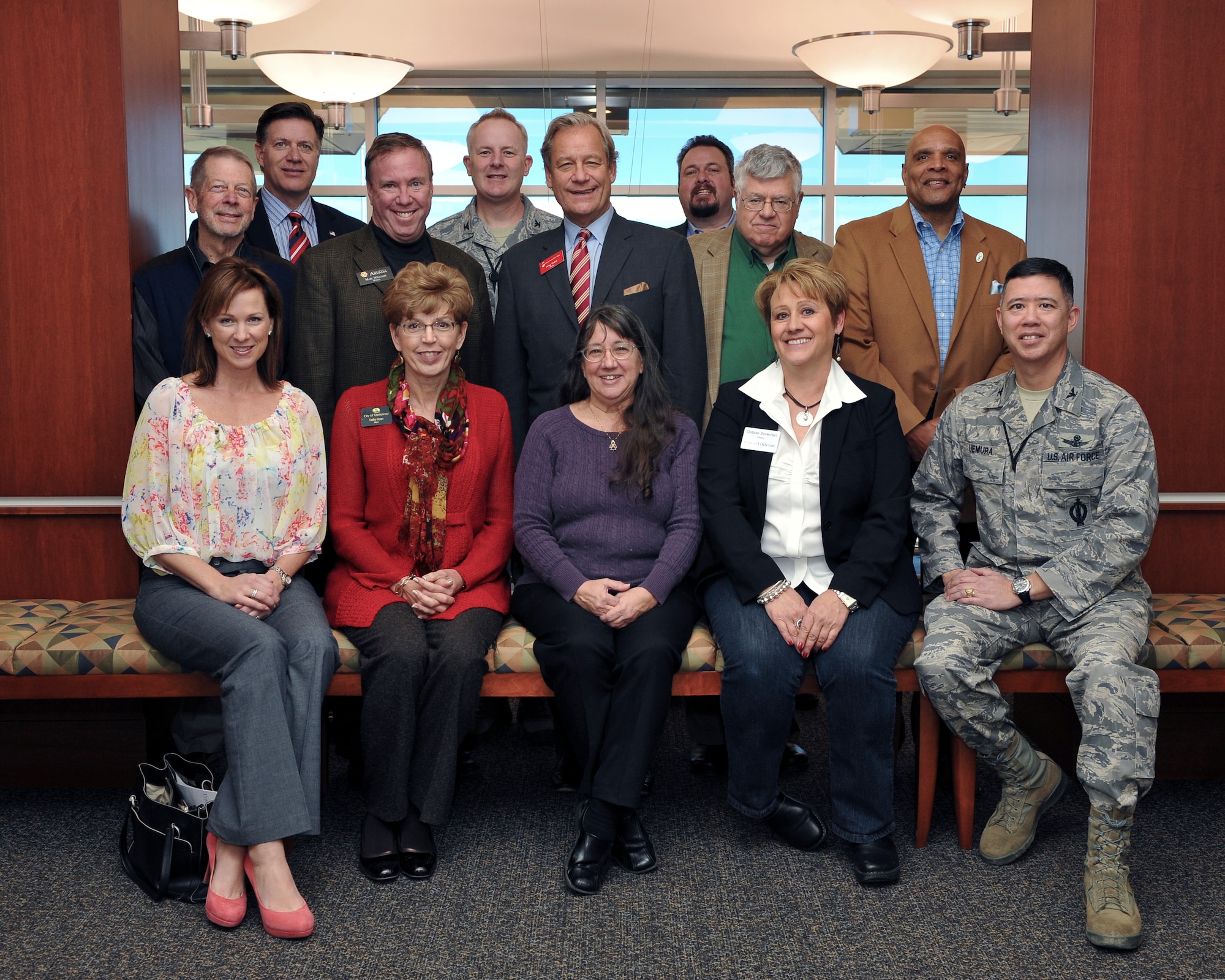 Participants of Mayors’ Day pose for a group photo Feb. 1, 2013, at Buckley Air Force Base.  Mayors’ Day was an event hosted by the 460th Space Wing created to improve relations with local Colorado mayors and inform them on the base mission. (U.S. Air Force photo by Airman 1st Class Phillip Houk/Released) 
