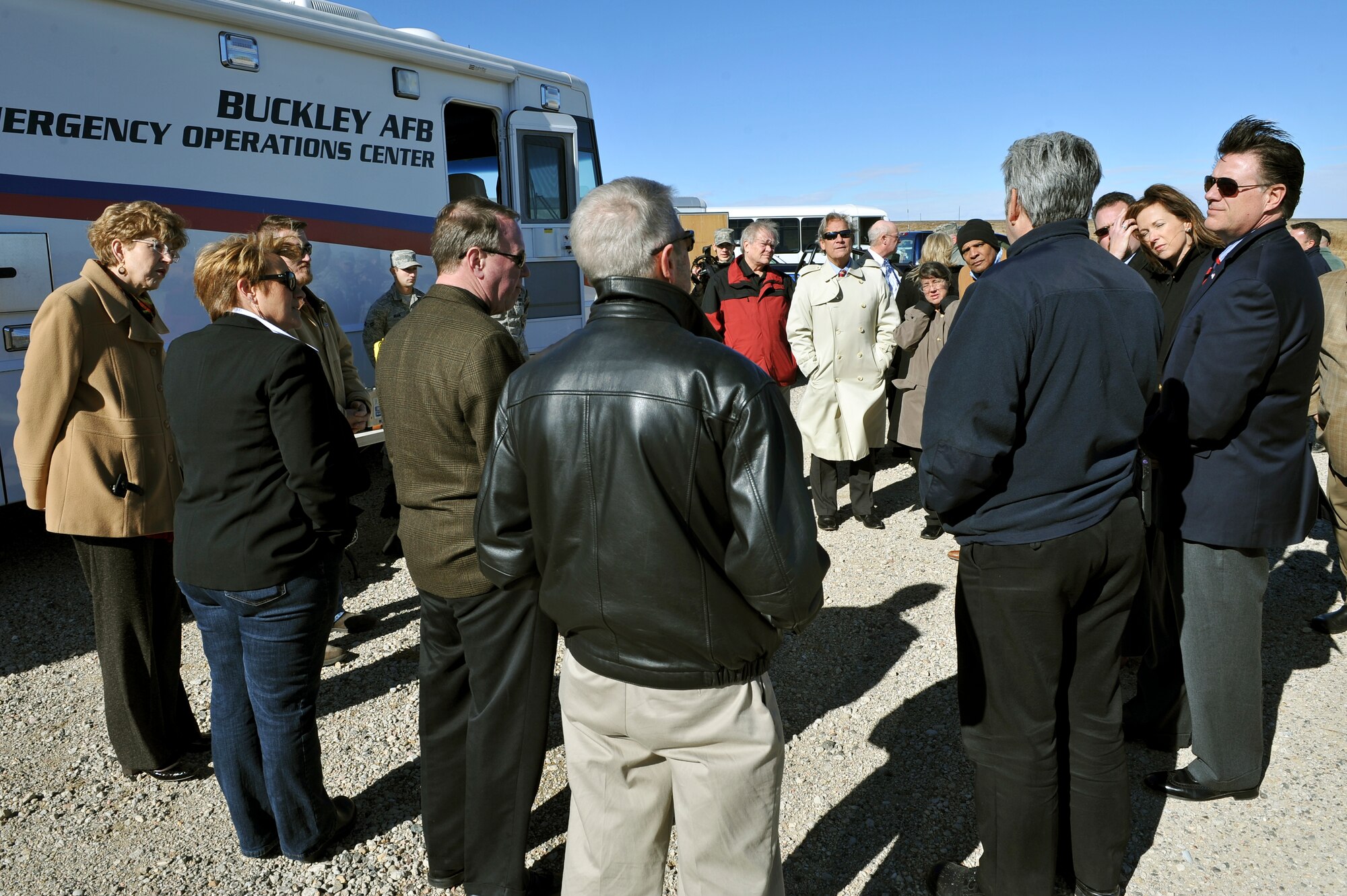 Participants of Mayors’ Day learn the importance of Buckley’s 460th Civil Engineer Squadron emergency management flight Feb. 1, 2013, at Buckley Air Force Base.  Mayors’ Day offered an opportunity for Team Buckley leadership to reach out and communicate with local Colorado mayors. (U.S. Air Force photo by Airman 1st Class Phillip Houk/Released)