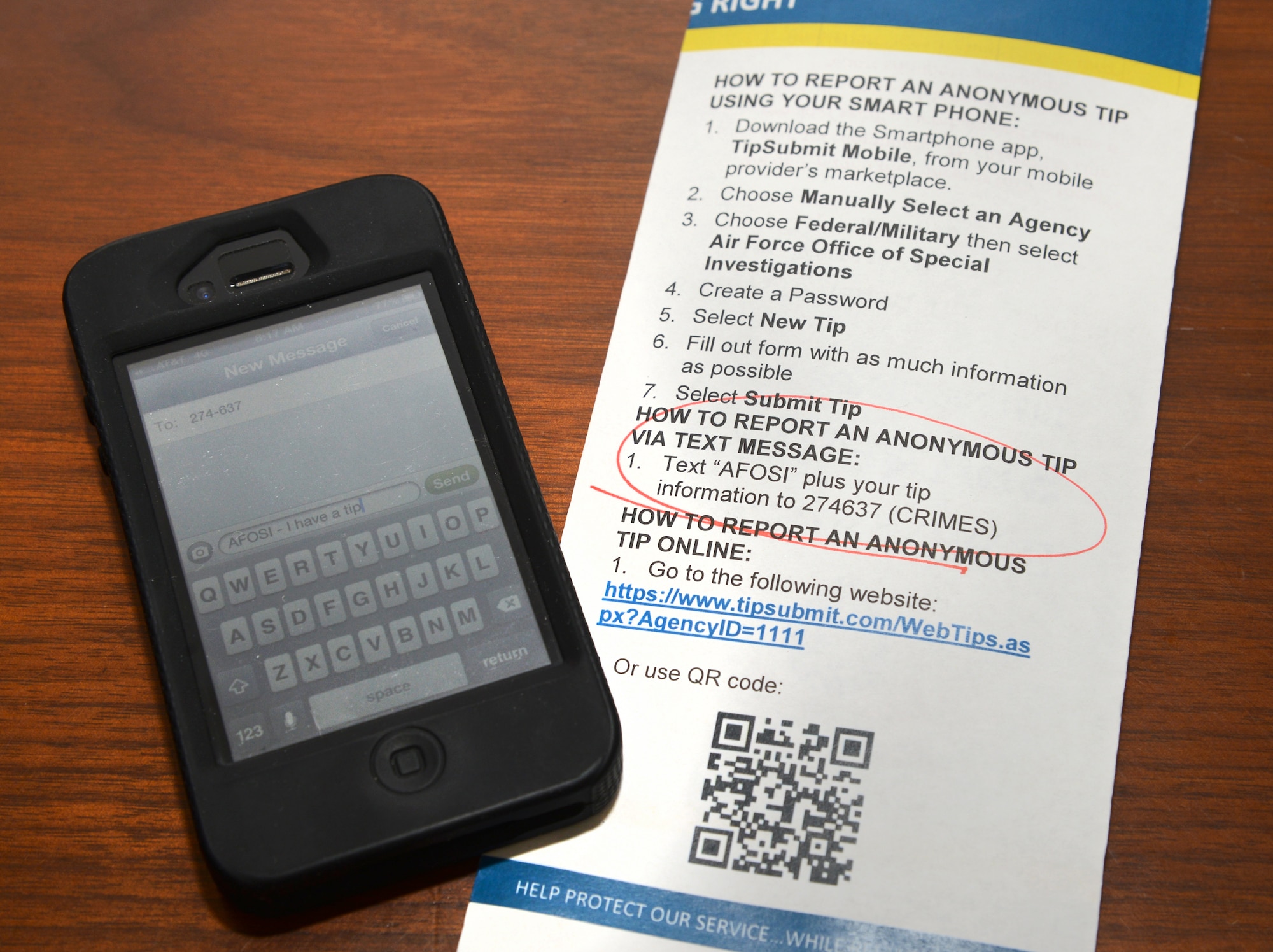 Service members and civilians can report tips anonymously about suspicious activity to the Air Force Office of Special Investigations. Text ‘AFOSI’ and the tip to 274637 (CRIMES) simply by downloading the Smartphone app TipSubmit Mobile and then following the prompts.  Types of suspicious activity include fraud, theft, drugs, murder, rape and domestic violence. (Air Force photo by Kelly White)
