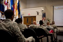 Master Sgt. Salvatore Liuzzi, flight chief of military training of 342nd
Training Squadron, Detachment 3, speaks to interested Airmen during the Air
Education and Training Command Special Duty Assignment briefing at the
Airman Leadership School Auditorium at Hurlburt Field, Fla., Feb. 5, 2013.
Airmen selected for a special assignment may also serve as military training
instructors, military training leaders, Professional Military Education
instructors or recruiters. (U.S. Air Force photo/Senior Airman Krystal M.
Garrett)
