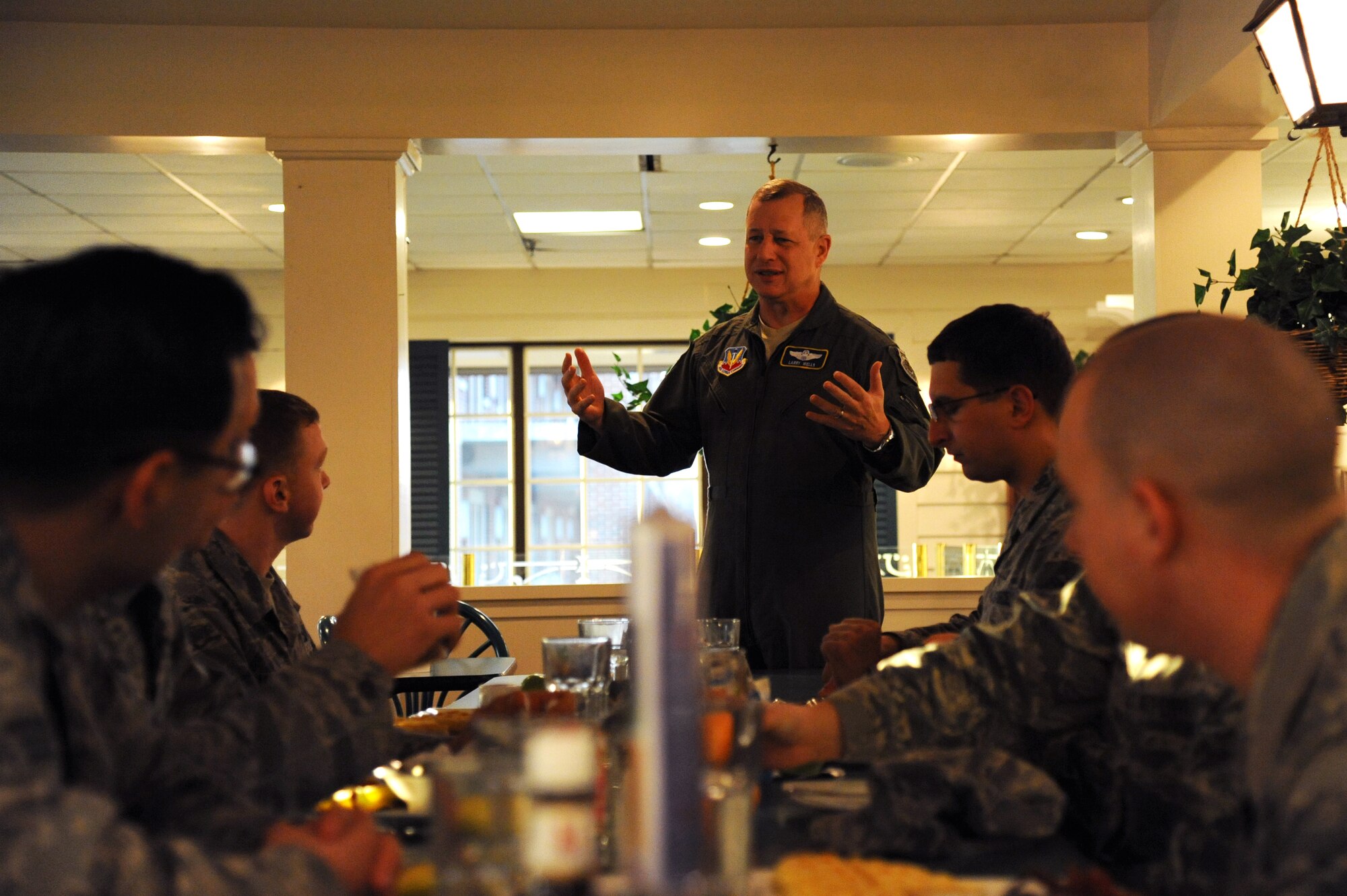 U.S. Air Force Maj. Gen. Lawrence Wells, Commander, 9th Air Force, Air Combat Command has breakfast with fellow Airmen at Langley Air Force Base, Va., Jan. 30, 2013. Wells discussed subject matter relating to family life, the Air Force Academy and his years on duty. (U.S. Air Force photo by Airman First Class Victoria Taylor/ Released)