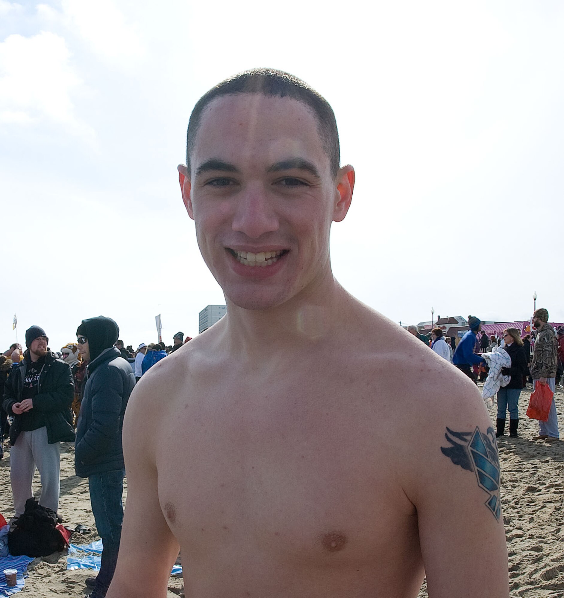 Airman 1st Class Nicholas Benoit. 

Airman from Dover Air Force Base, Del. participated in the Lewes Polar Bear Plunge at Rehoboth Beach to help raise money for Special Olympics Delaware on Feb. 3, 2013. USAF photo/Greg L. Davis