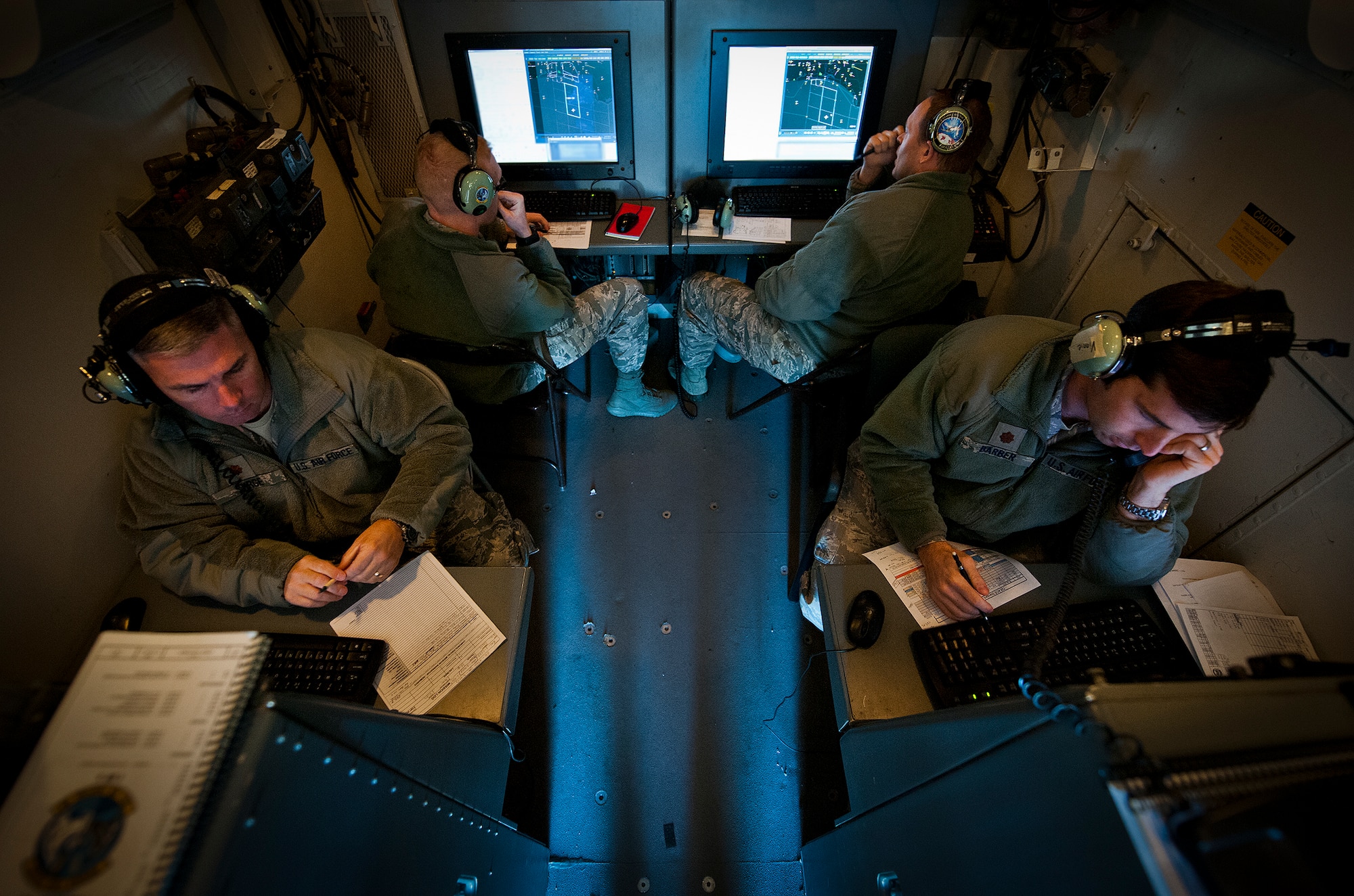 A 728th Air Control Squadron weapons team prepares before their squadron’s final mission Jan. 31 at Eglin Air Force Base, Fla.  The 62-year-old squadron, an air command and control unit, will be deactivated in May.  Their final mission was to control 33rd Fighter Wing F-35s for a tactical intercept mission.  (U.S. Air Force photo/Samuel King Jr.)