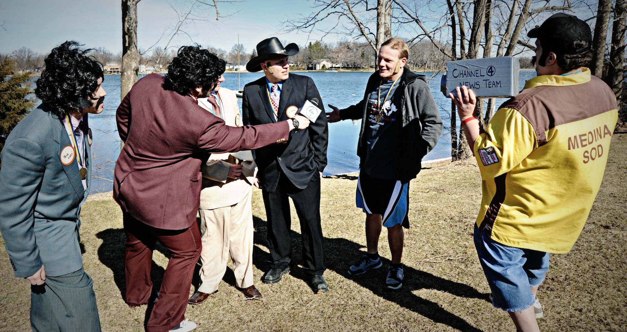 Members from the 375th Aeromedical Evacuation Squadron ham it up before their chilly dip in Lake St. Louis Feb. 2 as part of a charity event for Special Olympics. Team members are: Tech. Sgt. David Thao, Tech. Sgt. Jason Carrico, Master Sgt. Jason Knecht, Tech. Sgt. Eric Hammerstrom, Ben Pitzer and Allen Krockenberger. (U.S. Air Force photo/Karen Petitt)