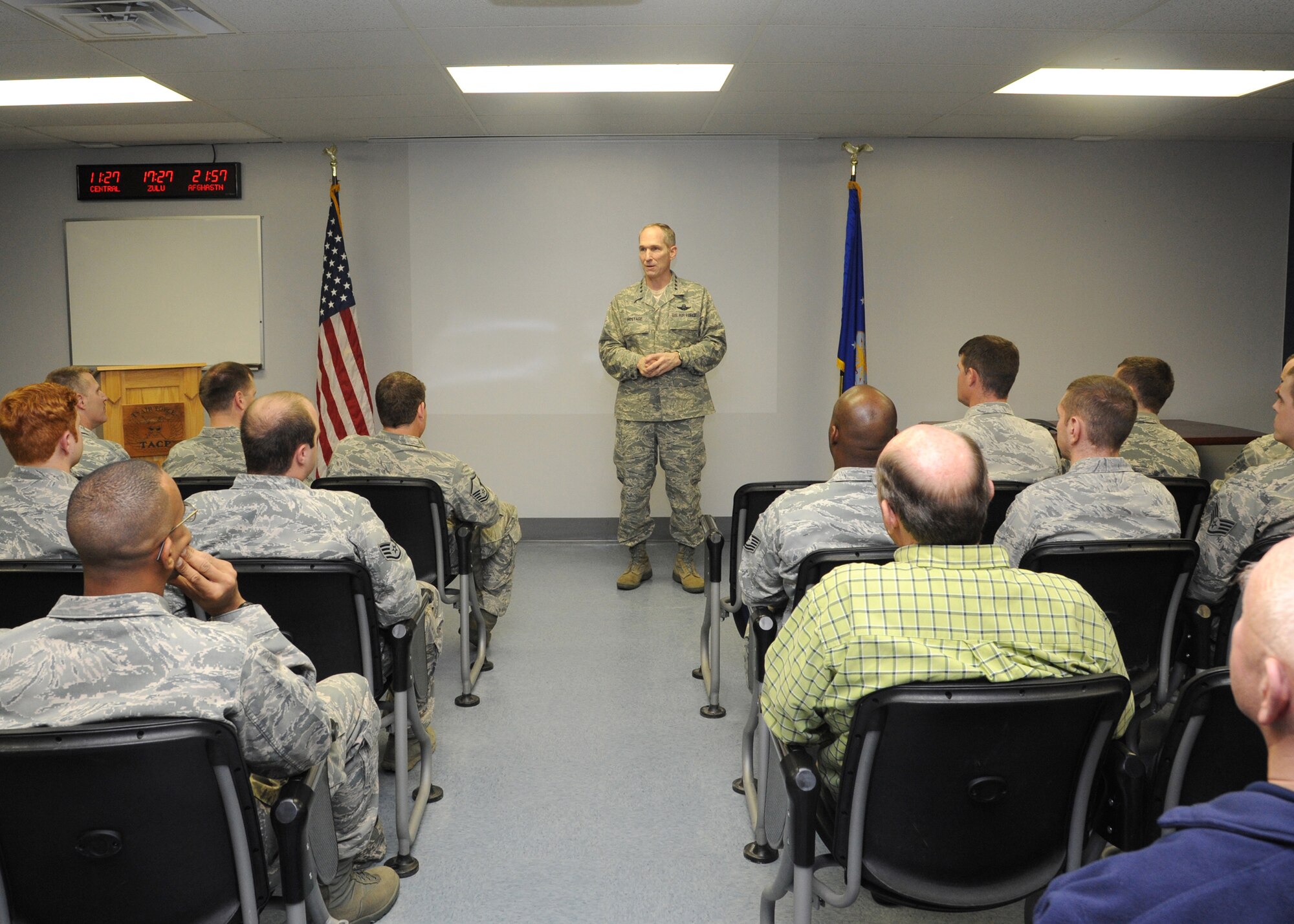U.S. Air Force Gen. Mike Hostage, commander of Air Combat Command, speaks to Airmen of the 548th Combat Training at Fort Polk, La., Jan. 24 during his visit for the Green Flag East exercise. Green Flag East is part of a joint operation to help service members train for missions during future deployments. (U.S. Air Force photo/Airman 1st Class Joseph A. Pagán Jr./Released)