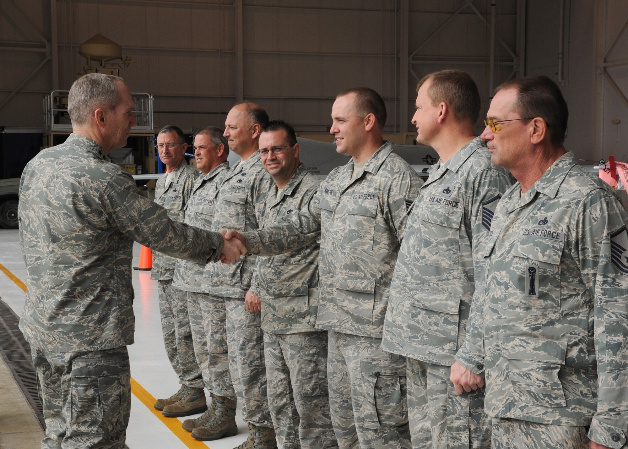 U.S. Air Force Gen. Mike Hostage, commander of Air Combat Command, greets Airmen from the 111th Reconnaissance Squadron during the Green Flag East exercise at Fort Polk, La., Jan. 24. The squadron is a unit of the Texas Air National Guard 147th Reconnaissance Wing at Ellington Field Joint Reserve Base, Houston, Texas. (U.S. Air Force photo/Airman 1st Class Joseph A. Pagán Jr./Released)
