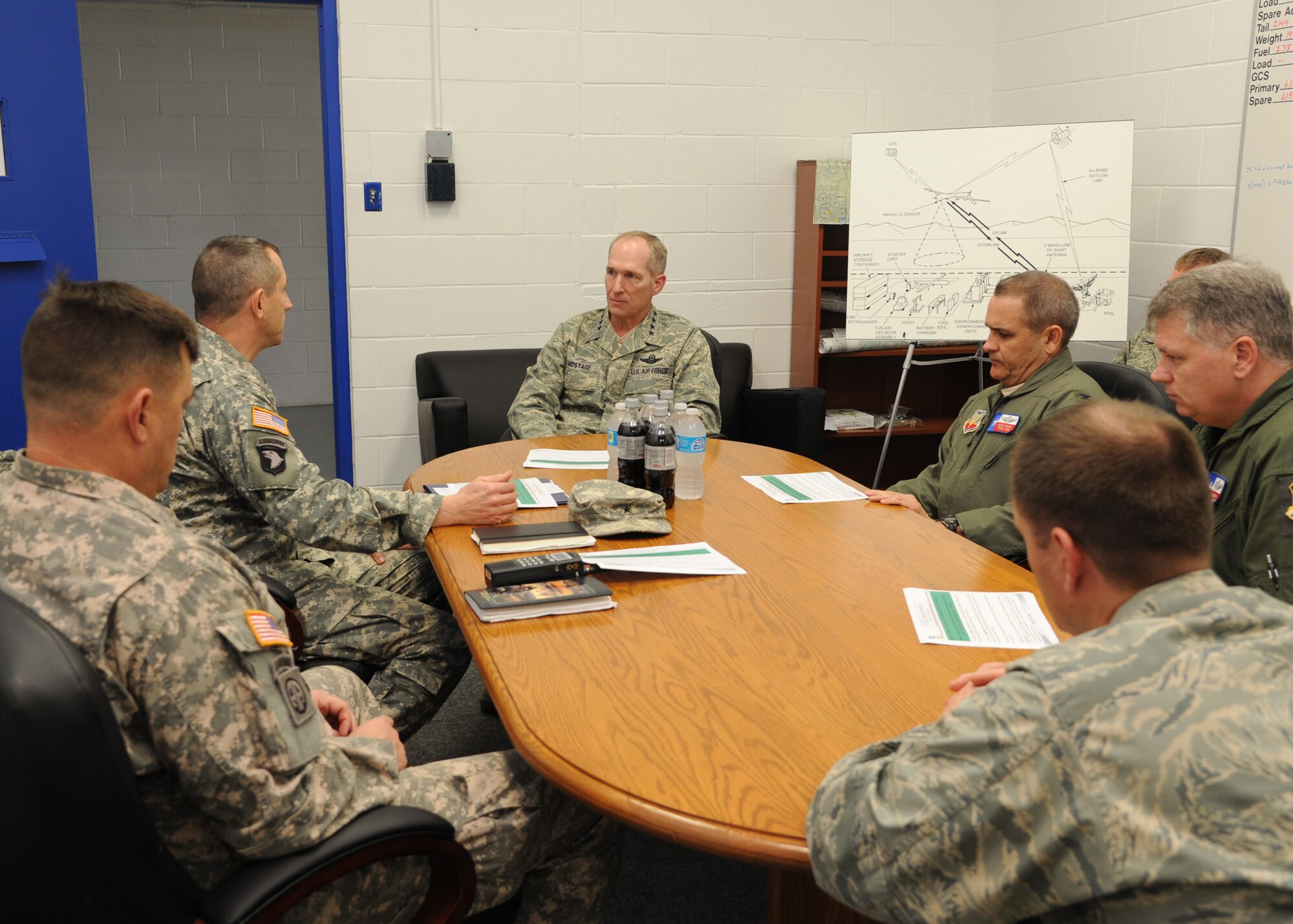 U.S. Air Force Gen. Mike Hostage, commander of Air Combat Command, speaks with U.S. Army Brig. Gen. William Hickman, Joint Readiness Training Center and installation commander at Fort Polk, La., Jan. 24. Hostage visited Green Flag East to observe first-hand base capabilities and service member training. (U.S. Air Force photo/Airman 1st Class Joseph A. Pagán Jr./Released)