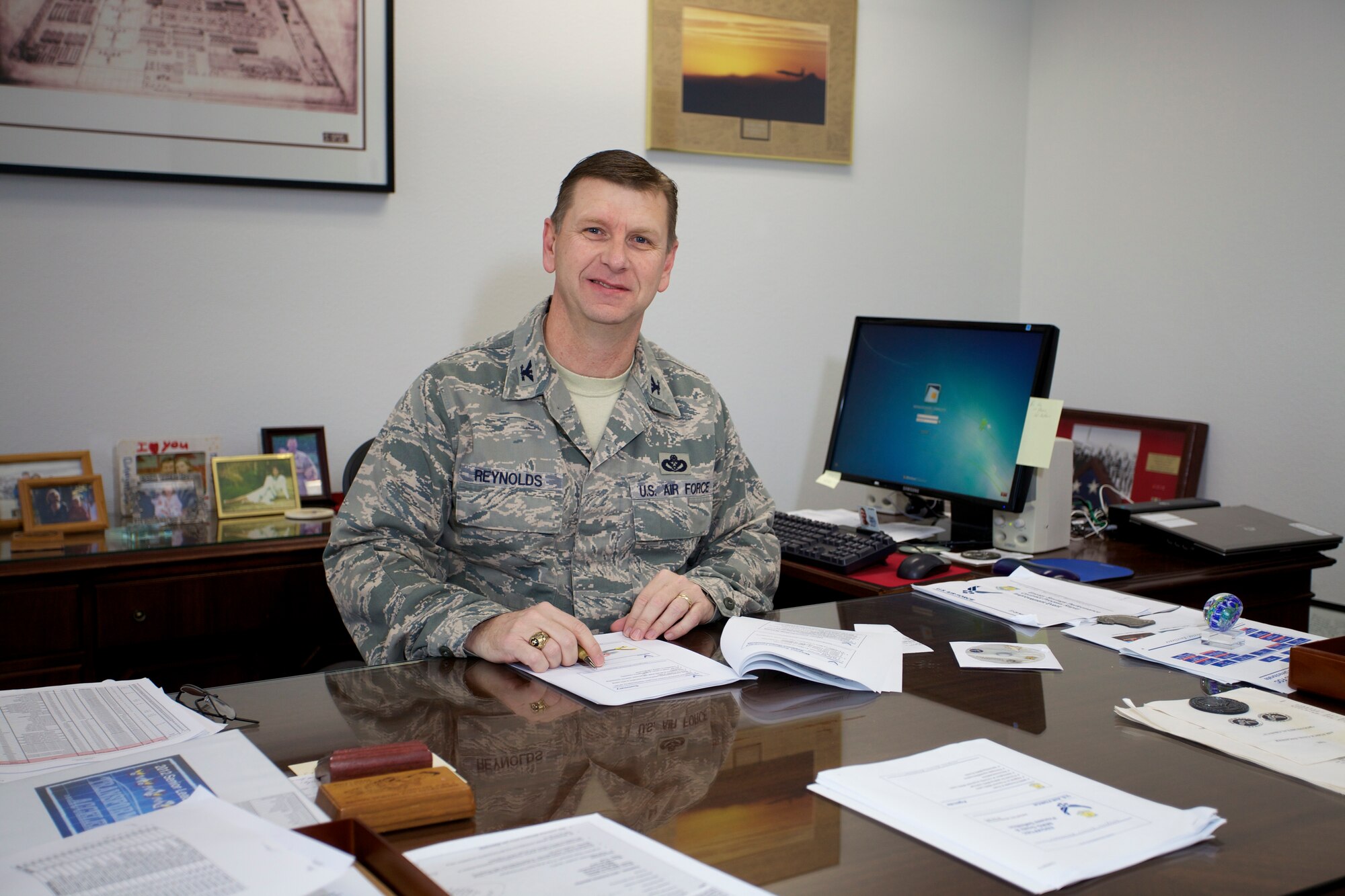 TYNDALL AIR FORCE BASE, Fla. -- Col. David Reynolds, Air Force Civil Engineer Center deputy director in Florida, was recently honored with the 2012 Society of American Military Engineers Newman Medal recipient for his contributions in three of the agency’s directorates — readiness, energy and operations. (U.S. Air Force photo/Eddie Green)
