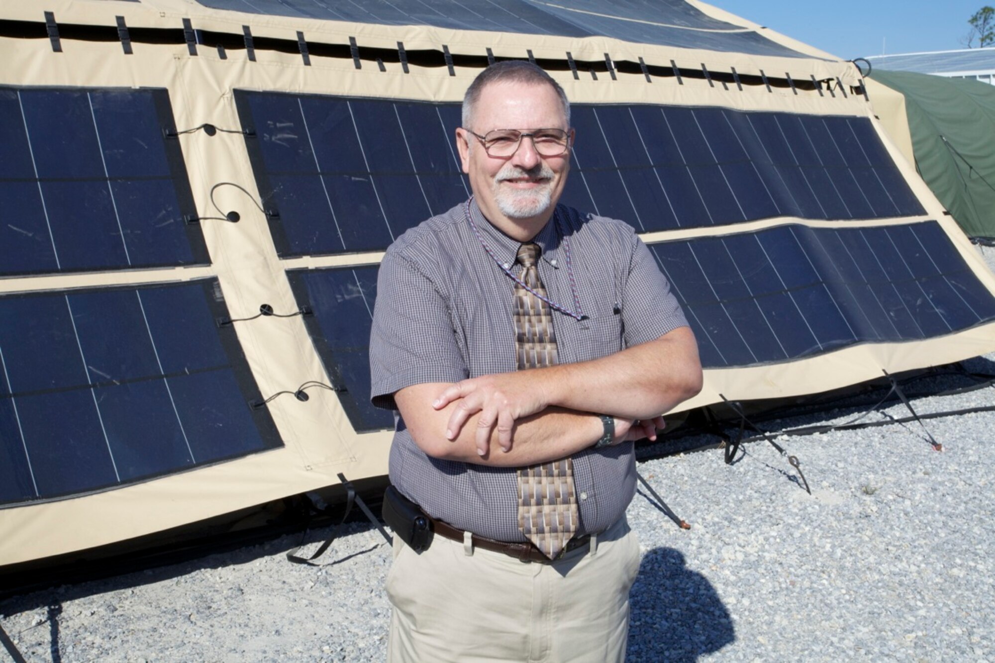 TYNDALL AIR FORCE BASE, Fla. -- Rodney Fisher, this year’s Energy Conservation Award winner, prides himself on saving the Air Force energy and money. As the expeditionary energy lead, Fisher worked with the U.S. Marine Corps and U.S. Army to test new shade and photovoltaic tent flies, insulation techniques and environmental control units for expeditionary shelters. (U.S. Air Force photo/Eddie Green)