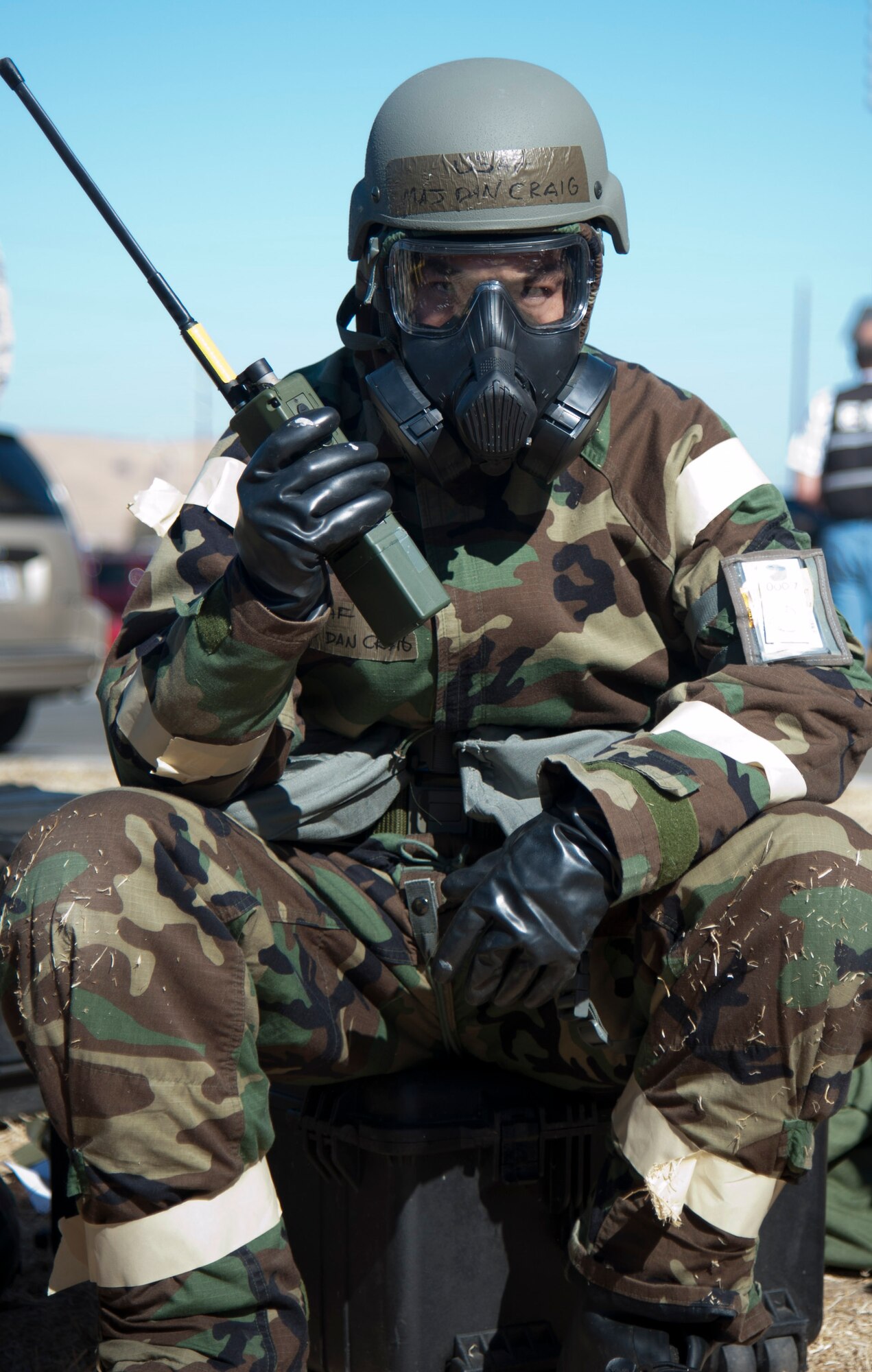 Maj. Dan Craig, 60th Civil Engineer Squadron, calls the Squadron Operation
Center after a chemical attack during Crisis Outlook 12-05 at Travis Air Force Base, Calif. Sept. 19, 2012. (U.S. Air Force photo/Airman 1st Class Nicole Leidholm)
