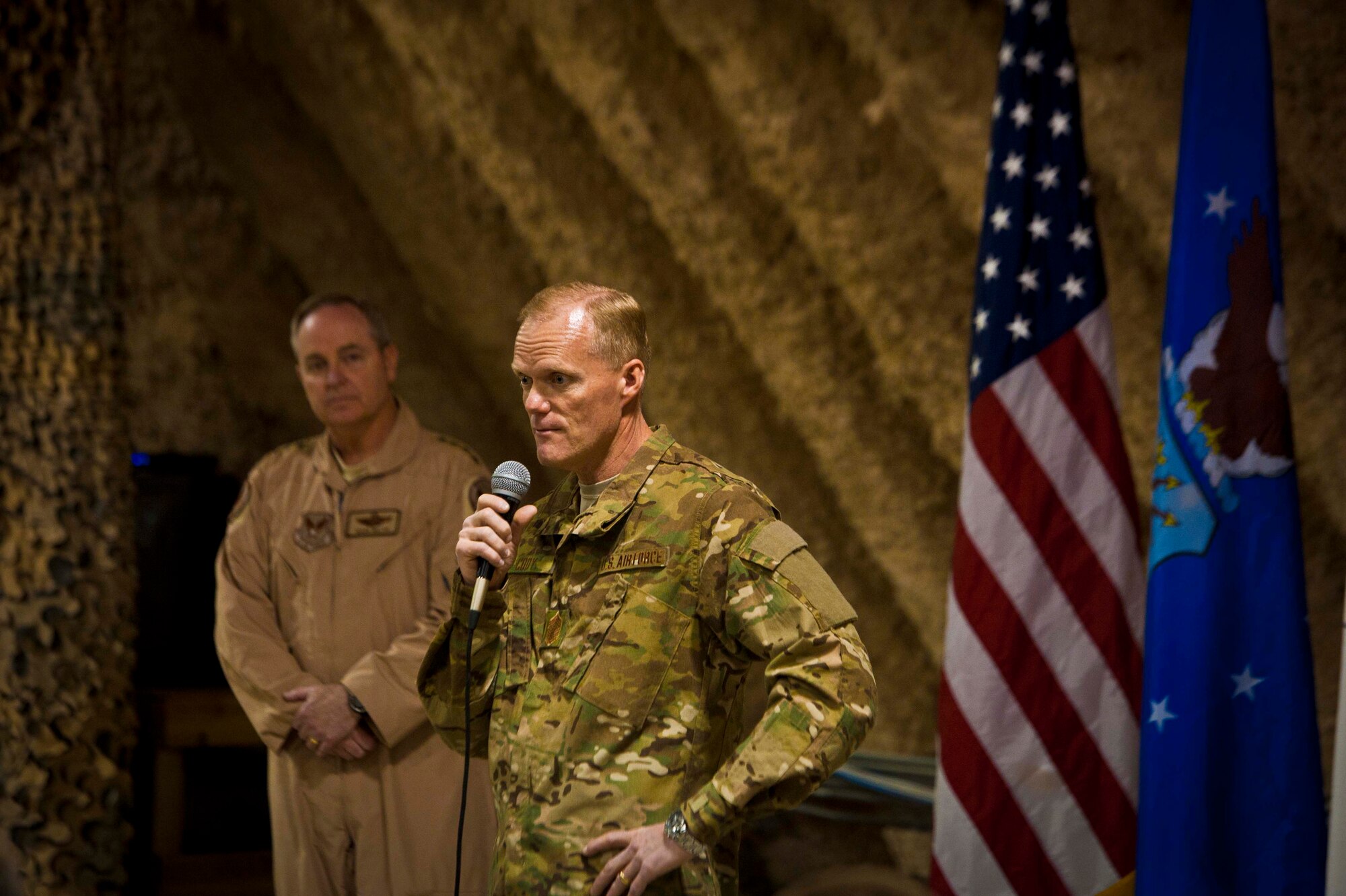 Chief Master Sgt. of the Air Force James Cody and Air Force Chief of Staff Gen. Mark A. Welsh III visit with Airmen at Kandahar Airfield, Afghanistan, Feb. 4. Cody and Welsh visited KAF to thank the Airmen for their service and to discuss their priorities for the Air Force. “Fundamental to who we are is how we treat each other,” Cody said. “Respect fosters trust, and when we trust each other, we do just what you do out here in the AOR--we accomplish anything we set our minds to do.” (U.S. Air Force photo/Senior Airman Scott Saldukas)