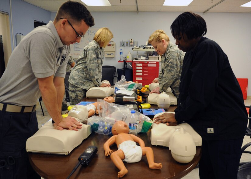 Students in the 39th Medical Group CPR refresher course practice chest compression on dummies Dec. 12, 2012, at Incirlik Air Base, Turkey. The course is designed to teach life-saving skills to Team Incirlik members and is offered every month by the 39th MDG. (Photo by Senior Airman Daniel Phelps/Released)