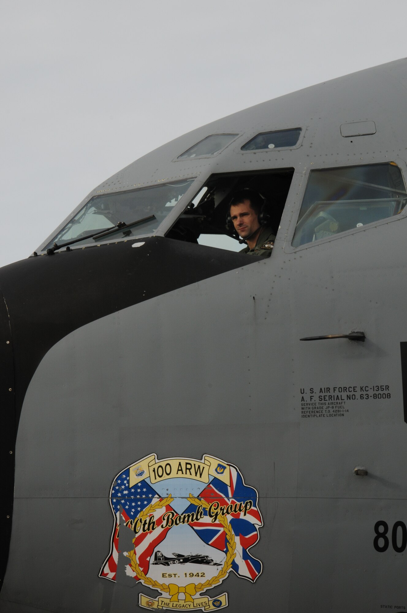 A pilot looks out the window of a KC-135R Stratotanker prior to deploying in support of operations in Mali Jan. 26, 2013, at RAF Mildenhall, England. The 100th ARW will provide a much-needed air-to-air refueling capability to forces operating in Northern Africa. Approximately 130 Airmen deployed out of RAF Mildenhall after receiving their deployment order to support French operations in Mali. (U.S. Air Force photo by 1st Lt. Christopher Mesnard/Released)