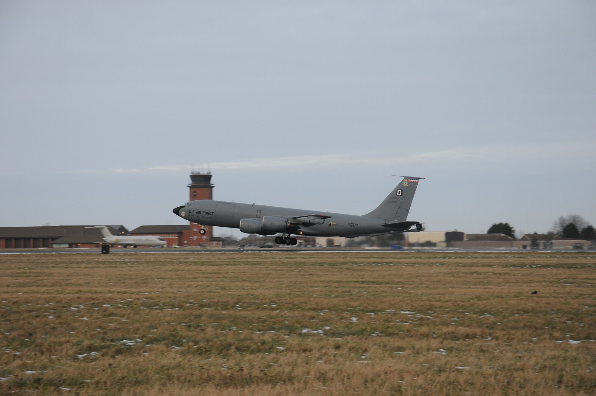 A KC-135R Stratotanker takes off while carrying numerous Airmen from the 100th Air Refueling Wing who are deploying in support of operations in Mali Jan. 26, 2013, at RAF Mildenhall, England. The 100th ARW will provide a much-needed air-to-air refueling capability to forces operating in Northern Africa. Approximately 130 Airmen deployed out of RAF Mildenhall after receiving their deployment order to support French operations in Mali. (U.S. Air Force photo by 1st Lt. Christopher Mesnard/Released)