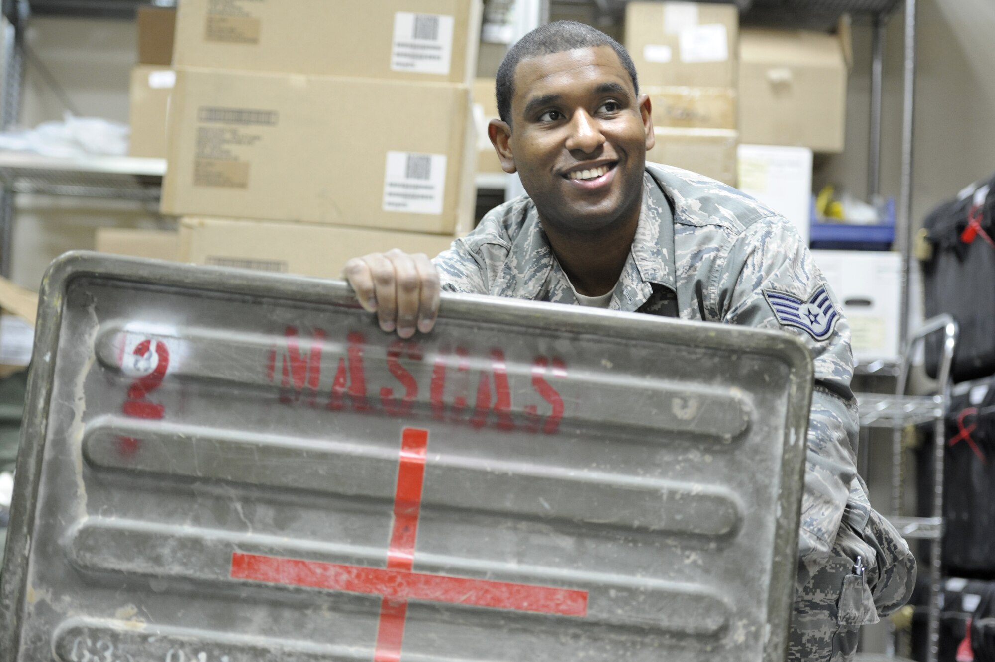 Staff Sgt. Carlos Rance, 386th Expeditionary Medical Group, performs his duty as noncommissioned officer in charge of medical logistics at an undisclosed deployed location in Southwest Asia on Feb. 5, 2013.  Rance was awarded this weeks “Rock Solid Warrior” designation by the 386 Air Expeditionary Wing.  (U.S. Air Force photo by Staff Sgt. Austin Knox)