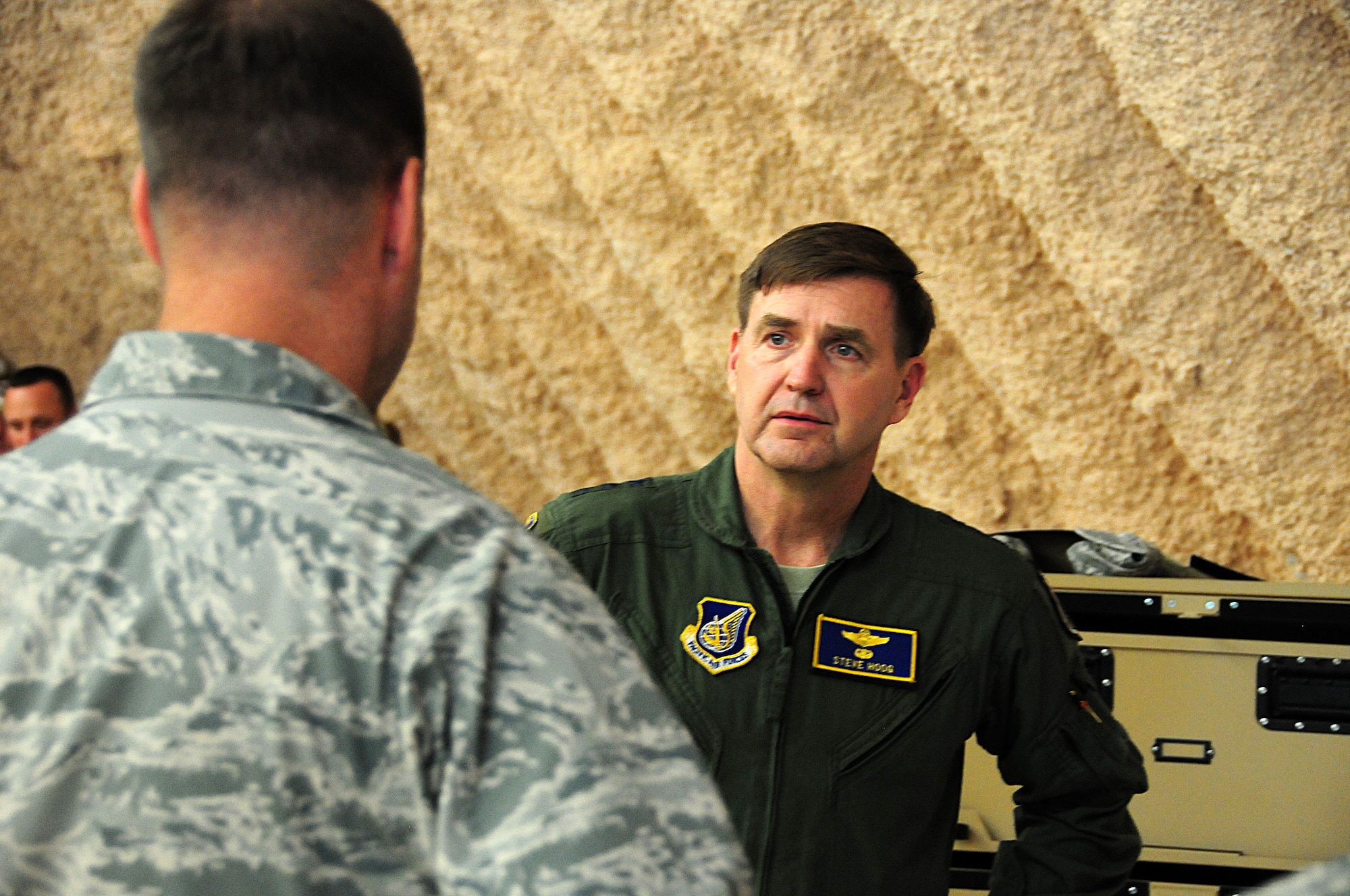 Col. Herbert Scott, 36th Medical Group commander, briefs Lt. Gen. Stephen Hoog, U.S. Air Force Alaskan Command and 11th Air Force commander, on the medical group’s role and responsibilities in the Pacific Region at Northwest Field, Guam, Feb. 1. During his trip here, General Hoog visited with the 736th Security Forces Squadron, 36th Mobility Response Squadron, 36th Medical Group and several other squadrons from Andersen, and got a first-hand look at what Andersen Airmen bring to the fight within U.S. Pacific Command area of responsibility. (US Air Force photo by Senior Airman Robert Hicks/Released)