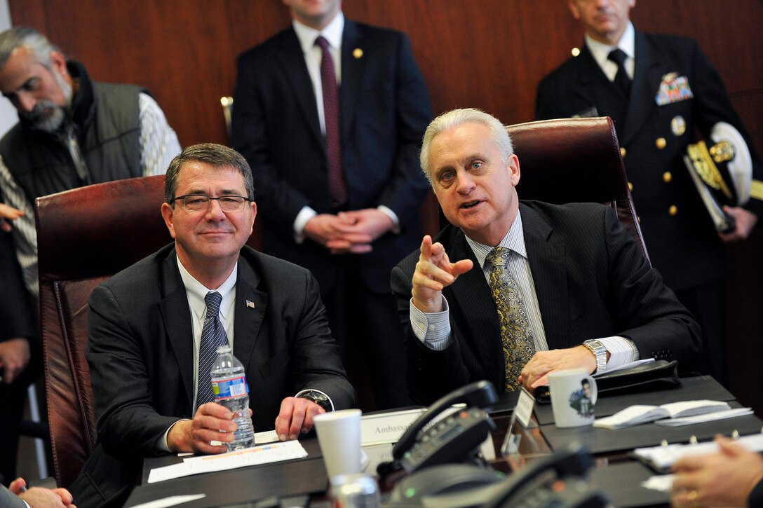 U.S. Deputy Defense Secretary Ashton B. Carter, left, and U.S. Ambassador to Turkey Francis J. Ricciardone Jr. meet with U.S. Embassy managers in Ankara, Turkey, Feb. 4, 2013.