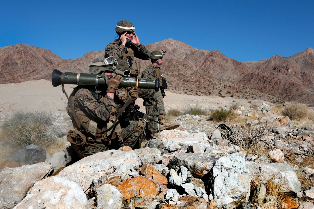Marines provide supportive fire with the AT-4 shoulder-fired rocket launcher as part of movement-to-contact training during Exercise Iron Fist 2013 at aboard Marine Corps Air Ground Combat Center, Twentynine Palms, Calif., Jan. 31, 2013.