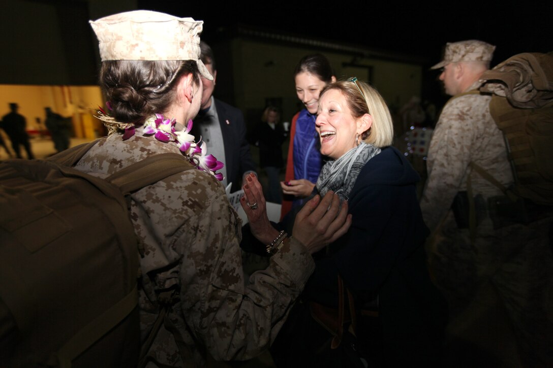 Charlotte Phillips, from Lambertville, N.J., greets her daughter during a homecoming at Camp Pendleton, Calif., Feb. 6. Navy Lt. Kathryn Phillips, a Nurse with I Marine Expeditionary Force (Forward) returned from a yearlong deployment to Afghanistan. The homecoming marks the first wave for I MEF (FWD) to return from Afghanistan. The entire unit is scheduled to return by mid-March.


