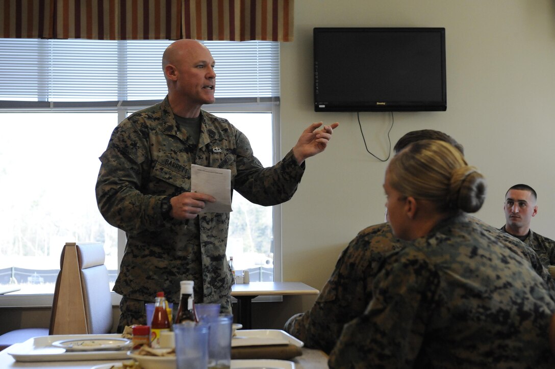 Sgt. Maj. Micheal P. Barrett, the 17th Sergeant Major of the Marine Corps, visits Marines at Marine Corps Base Camp Lejeune, N.C., Jan. 29, 2013.  The visit was part of a East Coast trip to speak with enlisted Marines about their quality of life in the Marine Corps. (U.S. Marine Corps photo by Lance Cpl. Thomas DeMelo)