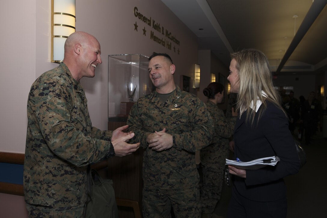 Sgt. Maj. Micheal P. Barrett, the 17th Sergeant Major of the Marine Corps, visits with students partipating the Commanders Course at the Alfred M. Gray Marine Corps Research Center at Marine Corps Base Quantico, Va., Feb. 5, 2013. (U.S. Marine Corps photo by Sgt. Christopher A. Green)