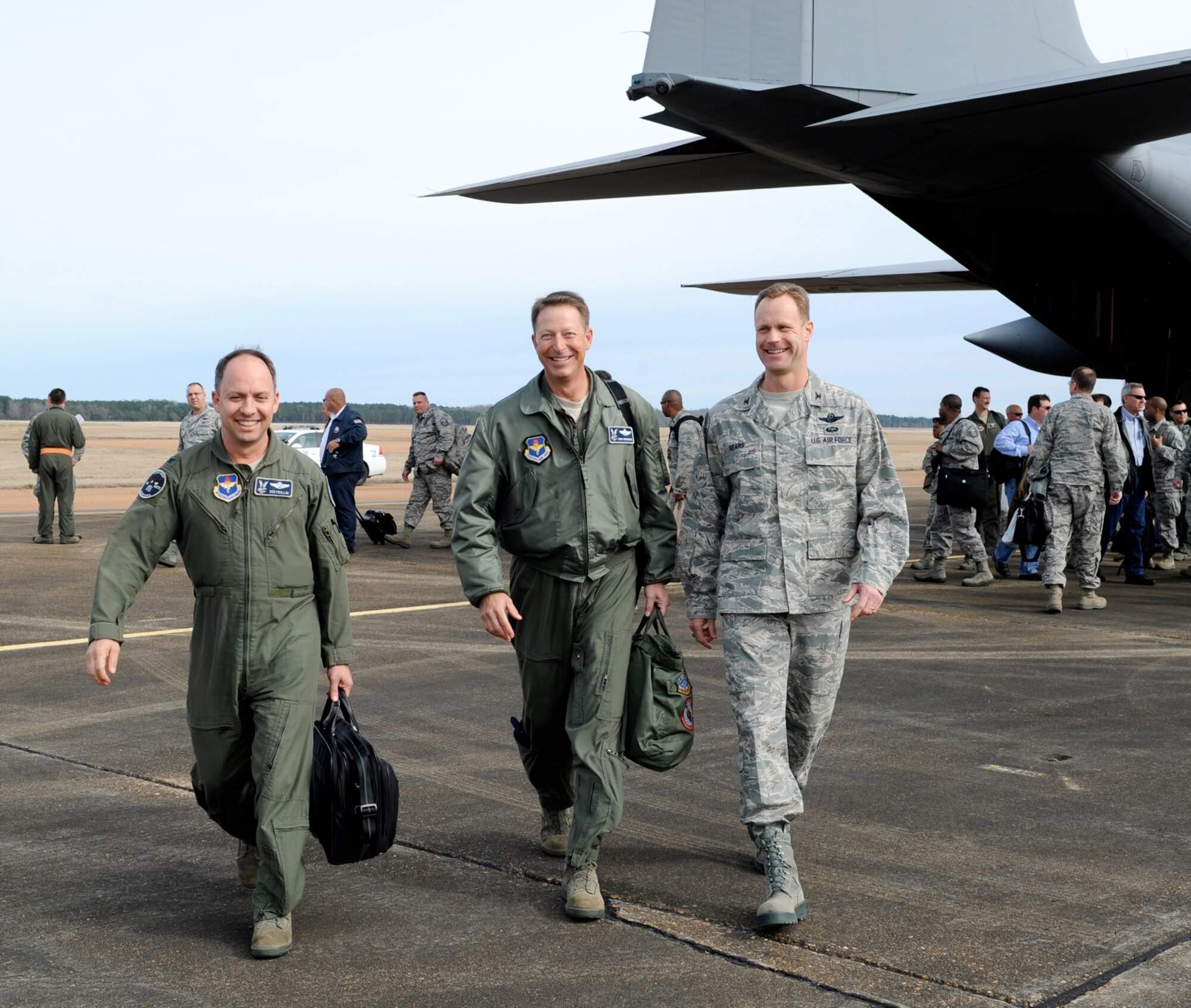 Col. Kenneth Frollini, Air Education and Training Command’s Chief of Inspections and Col. Christopher Richardson, the AETC Inspector General, are met by 14th Flying Training Wing commander Col. Jim Sears as they arrived at Columbus AFB Feb 4.  (U.S. Air Force photo/Elizabeth Owens)