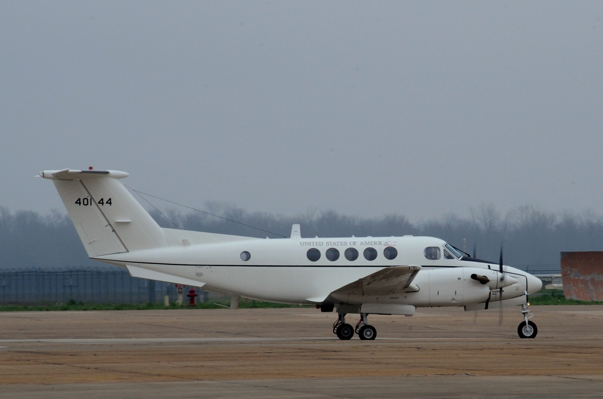 A C-12 Huron taxis on the flightline at Barksdale Air Force Base, La., Feb. 6. The C-12 is a cargo and passenger aircraft currently used by all U.S. military services. (U.S. Air Force photo/Airman 1st Class Benjamin Gonsier)