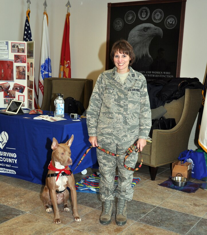 Capt. Lisa Ciavarella, 914th Force Support Squadron Services Sustainment Flight, poses with Auggie here at the Niagara Falls Air Reserve Station, February 2, 2013. Auggie is a working dog for the Society for the Prevention of Cruelty to Animals who is representing “Paws for Patriots,” an organization which unites U.S. military veterans and animals to heal and bond with each other. (U.S. Air Force photo by Staff Sgt. Stephanie Clark)