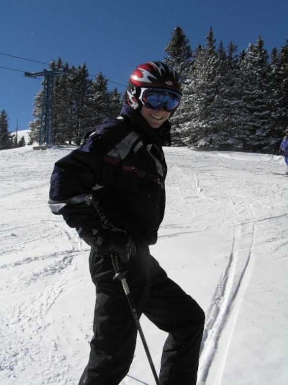 U.S. Air Force 1st Lt. Bryant Davis takes a break during a winter ski day. Lieutenant Davis worked for three years as a professional ski instructor teaching children and adults skiing basics and safety. (Courtesey Photo)