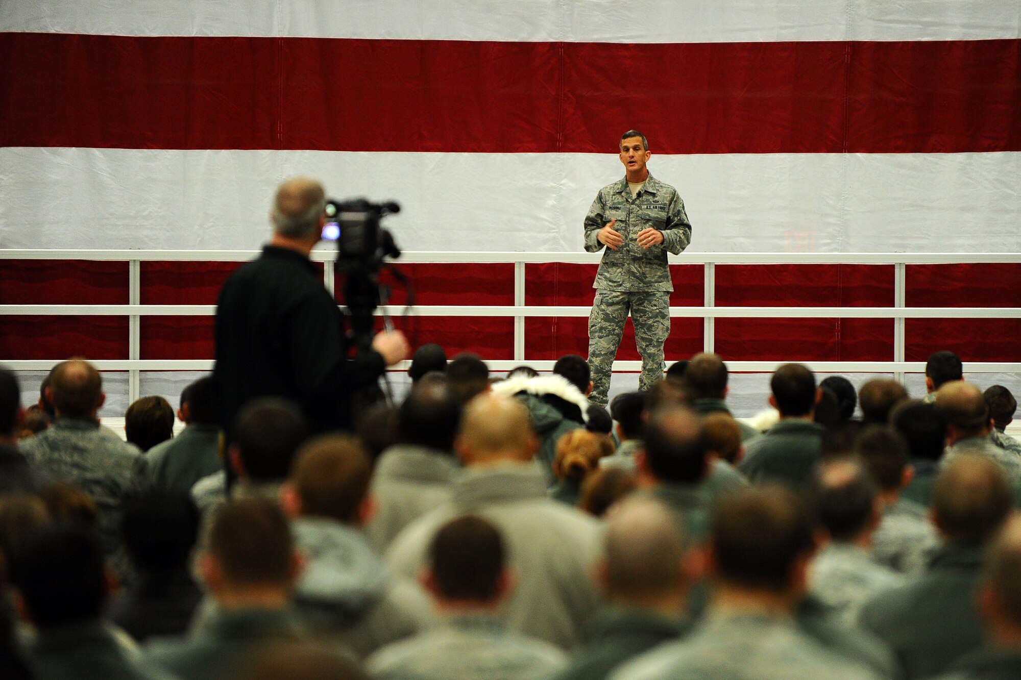 U.S. Air Force Chief Master Sgt. Rick Parsons, command chief of Air Combat Command, speaks at an enlisted call located in Dock 1 of the Bennie Davis Maintenance Facility, on Offutt Air Force Base, Neb., Feb. 1.  Parsons is the enlisted advisor to the commander and staff for the enlisted force stationed at more than 200 operating locations.  (U.S. Air Force photo by Josh Plueger/Released)