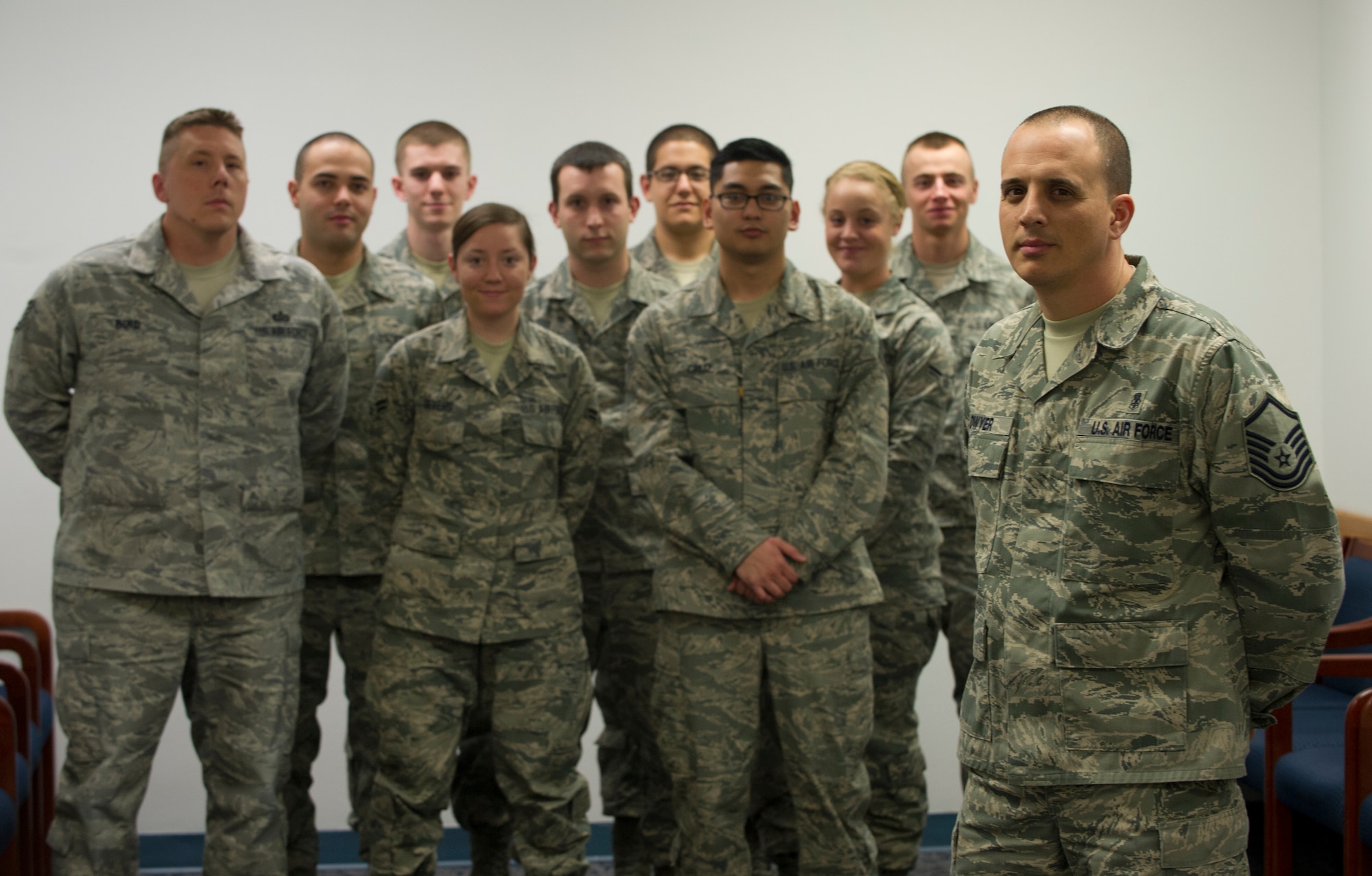 Master Sgt. Christopher Dwyer(Right), 49th Aerospace Medicine Squadron superintendent, stands with a group of his Airmen at the 49th Medical Group at Holloman Air Force Base, N.M., Feb. 5. Dwyer received the Air Force Medical Service Leadership Award for the Senior Non-Commissioned Officer class. (U.S. Air Force photo by Airman 1st Class Michael Shoemaker/Released)