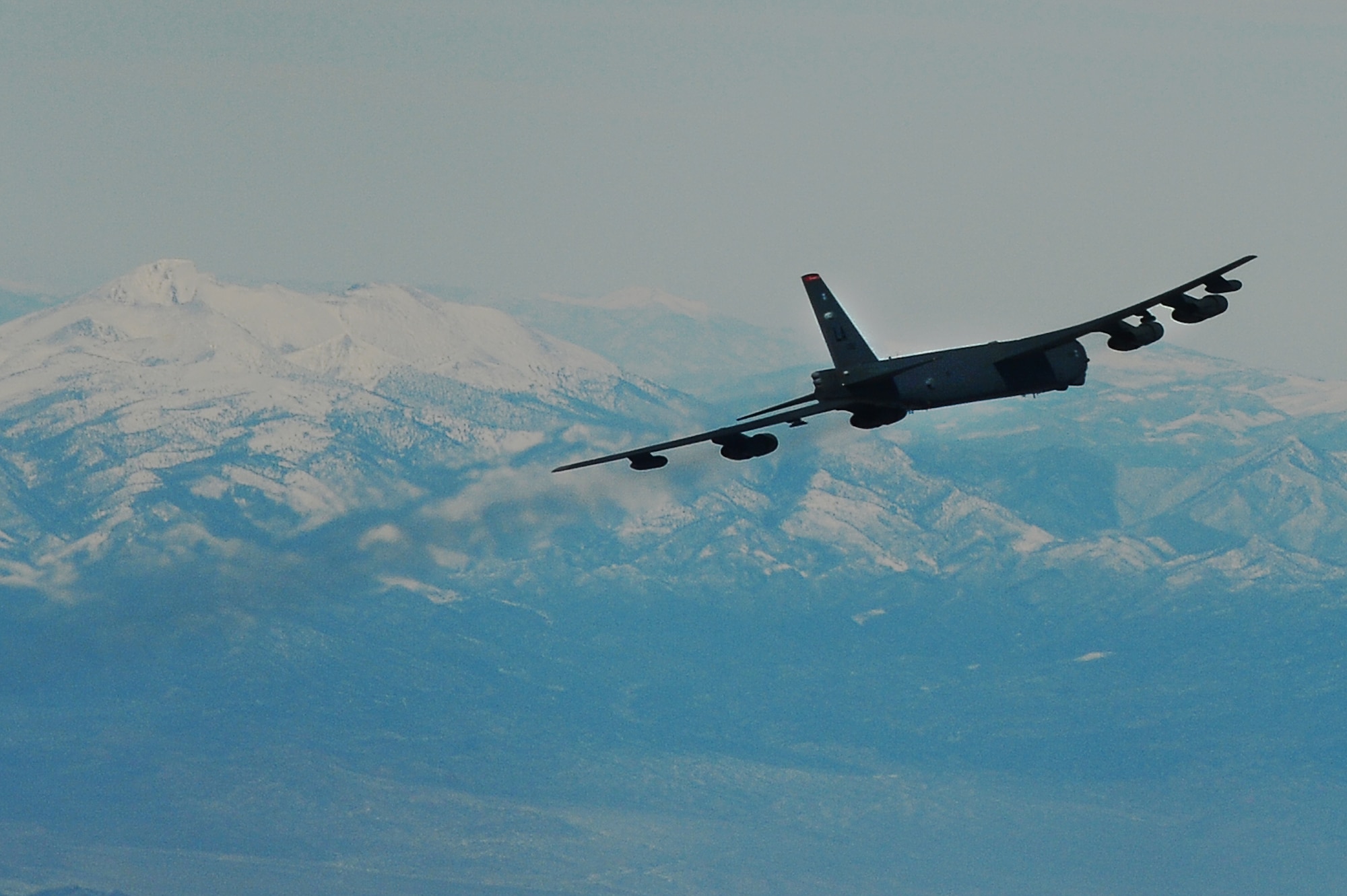 A B-52H Stratofortress assigned to the 20th Bomb Squadron, Barksdale Air Force Base, La., flies toward an objective during a Red Flag exercise at Nellis Air Force Base, Nev., Jan. 31, 2013. The B-52 was America's first long-range, swept-wing heavy bomber. The B-52 has a 185-foot wingspan, a length of more than 160 feet and a gross weight of more than 480,000 pounds. It has been given the nickname BUFF, short for Big Ugly Fat Fellow. (U.S. Air Force photo/Staff Sgt. Vernon Young Jr.)