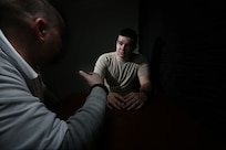 U.S. Air Force Detective Louie Cathro, 902nd Security Forces Squadron Criminal Investigations, simulates an interrogation of a service member Jan. 29, 2013, at Joint Base San Antonio-Randolph. (U.S. Air Force photo by Joshua Rodriguez/ Released)