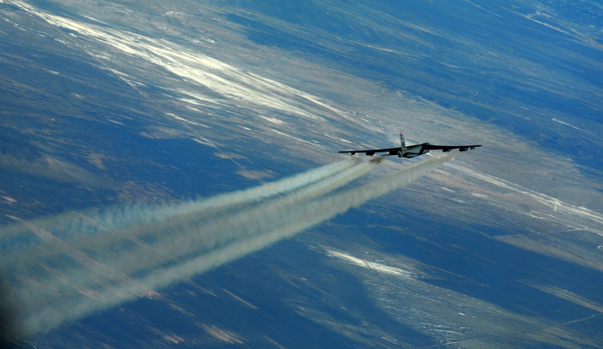 A B-52H Stratofortress assigned to the 20th Bomb Squadron, Barksdale Air Force Base, La., flies over Nevada during a Red Flag exercise at Nellis Air Force Base, Nev., Jan. 31, 2013. The B-52 was America's first long-range, swept-wing heavy bomber. Now entering its sixth decade of service, it continues to be an integral element of the Air Force bomber fleet. (U.S. Air Force photo/Staff Sgt. Vernon Young Jr.)