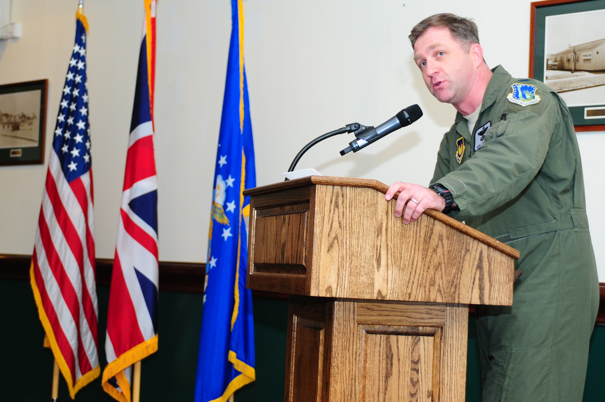 ROYAL AIR FORCE LAKENHEATH, England -- Col. Mark Slocum, 48th Operations Group commander and guest speaker at the key spouse recognition luncheon at Eagle's Landing Feb. 1, 2013, tells stories of how important key spouses are to the mission. The Key Spouse Program is an Air Force-wide volunteer program that builds and fosters support for military families through outreach education events and providing families a link to leadership. (U.S. Air Force photo by Airman 1st Class Dana J. Butler)