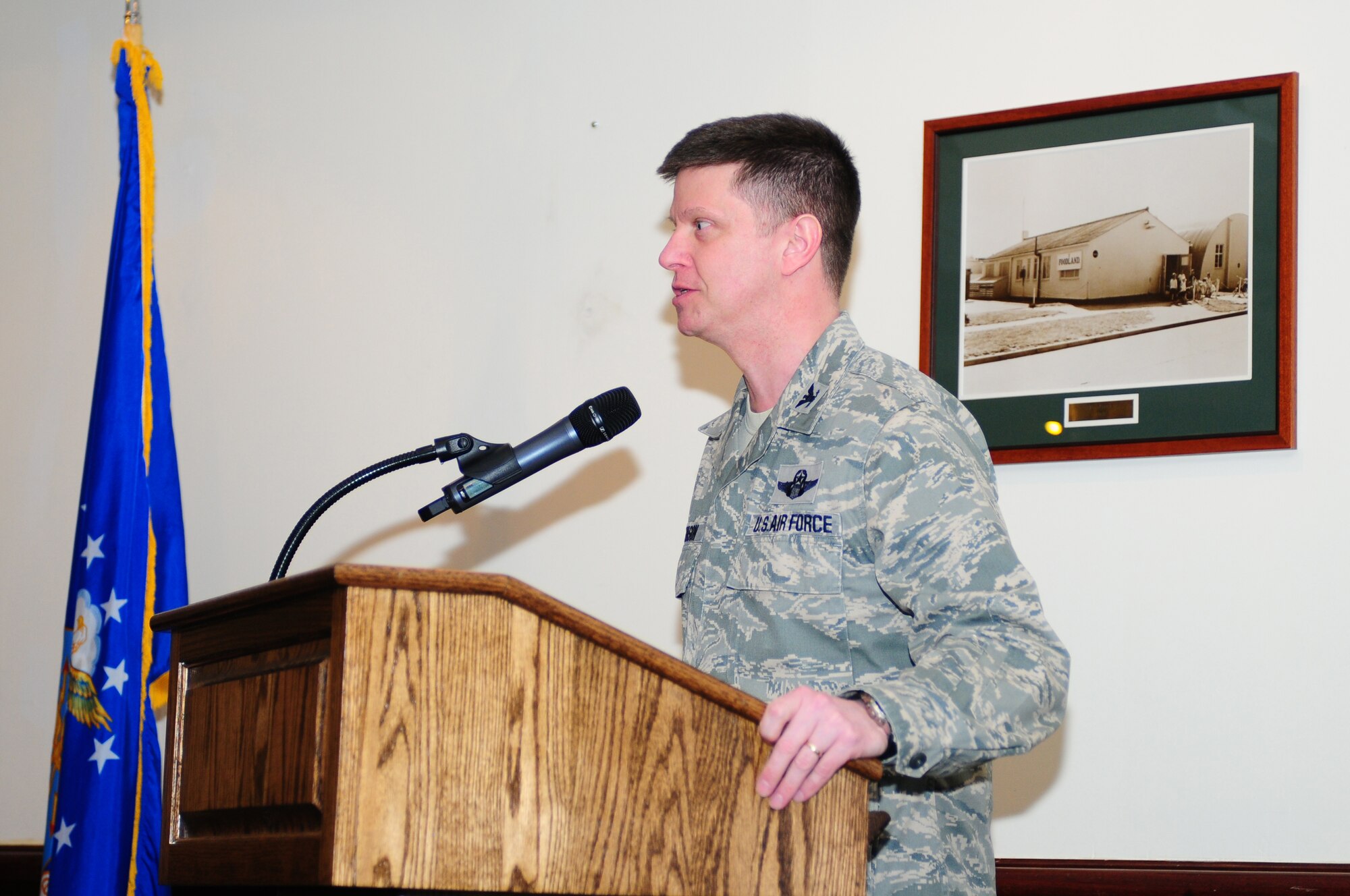 ROYAL AIR FORCE LAKENHEATH, England -- Col. Kyle Robinson, 48th Fighter Wing commander, gives the opening remarks during the key spouse recognition luncheon at Eagle's Landing Feb. 1, 2013. The Key Spouse Program is an Air Force-wide volunteer program that builds and fosters support for military families through outreach education events and providing families a link to leadership. (U.S. Air Force photo by Airman 1st Class Dana J. Butler)